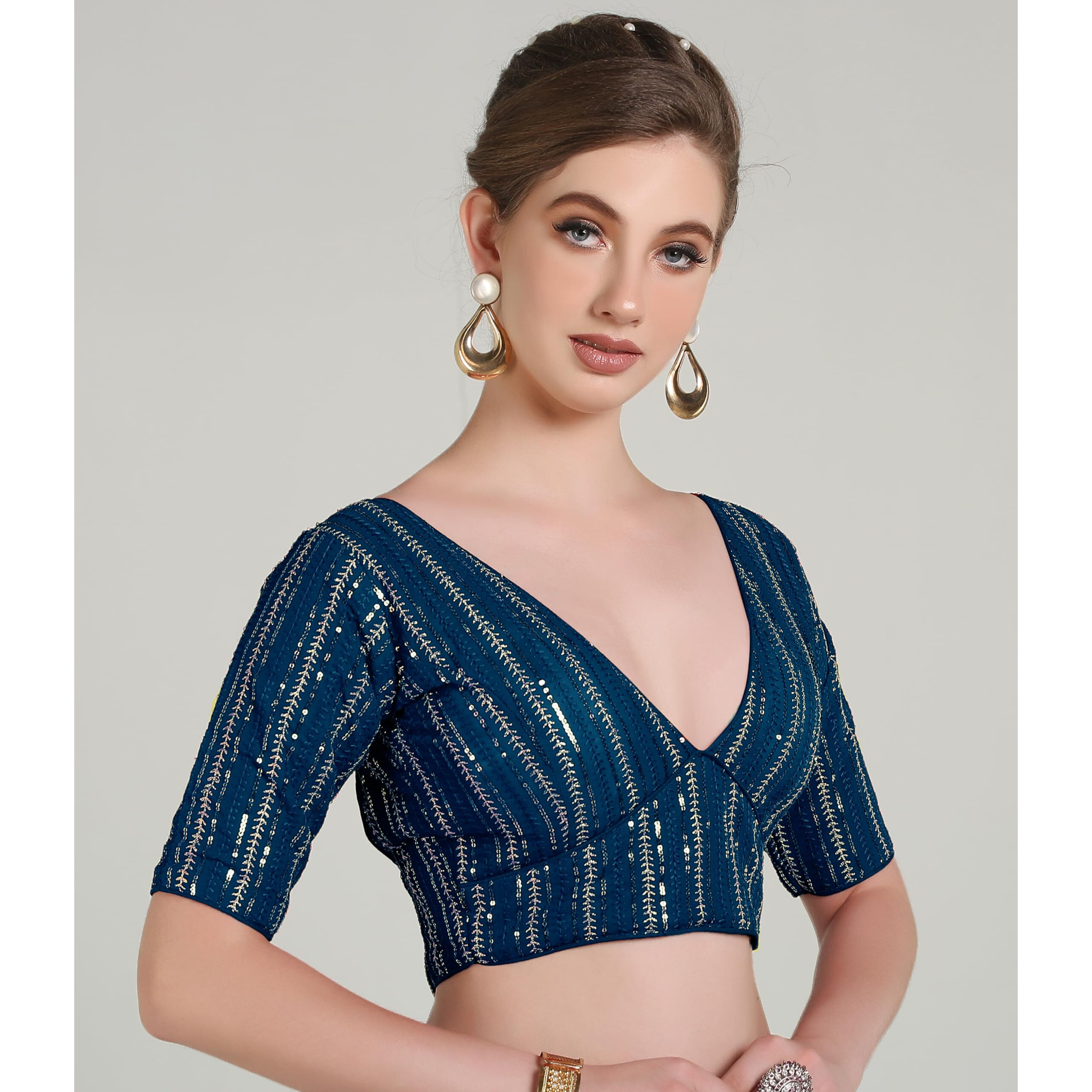 Pujia Mills Women's Georgett Half Sleeve Deep V Neck Embroidered With Sequins Blouse (Zhankhi Morpeach 38)