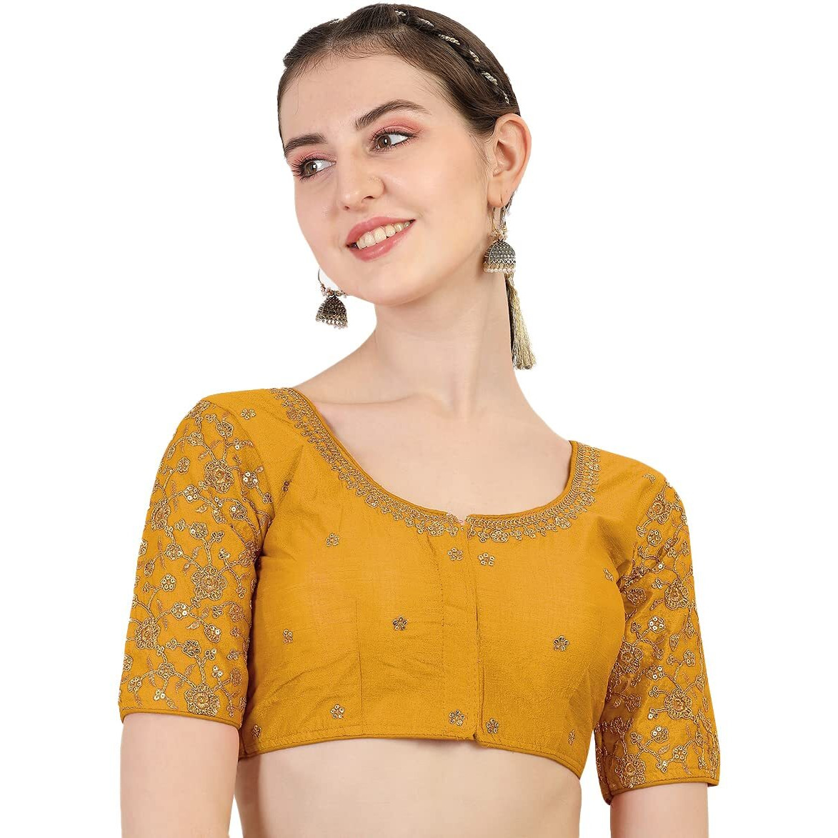 Pujia Mills Women's Silk Embroidery Half Sleeve Blouse (Flower Blouse_Yellow_36)