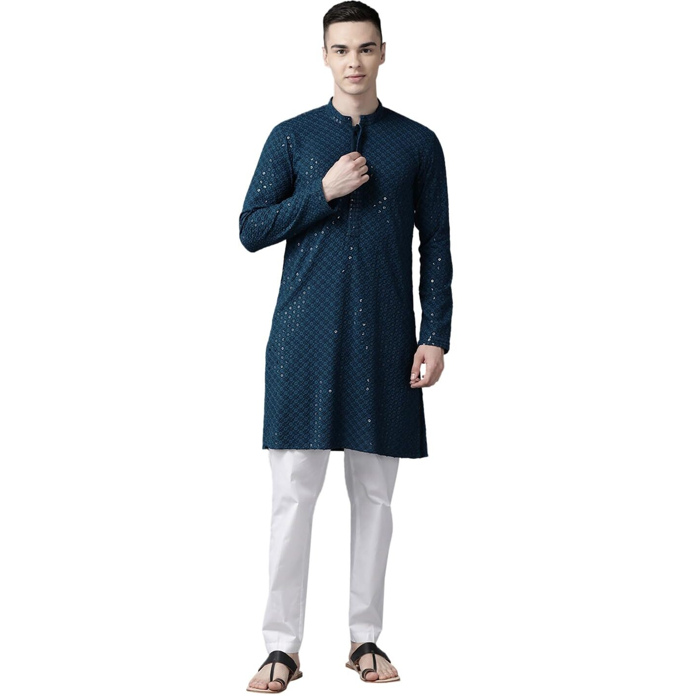 See Designs Men Teal Blue Floral Embroidered Sequined Rayon Kurta - Sd2Ekt_1296Xs