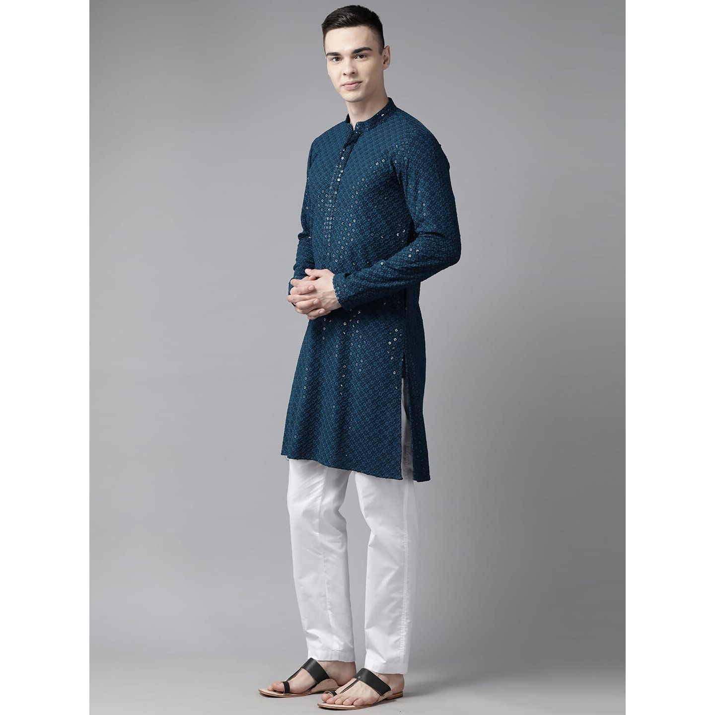 See Designs Men Teal Blue Floral Embroidered Sequined Rayon Kurta - Sd2Ekt_1296Xs