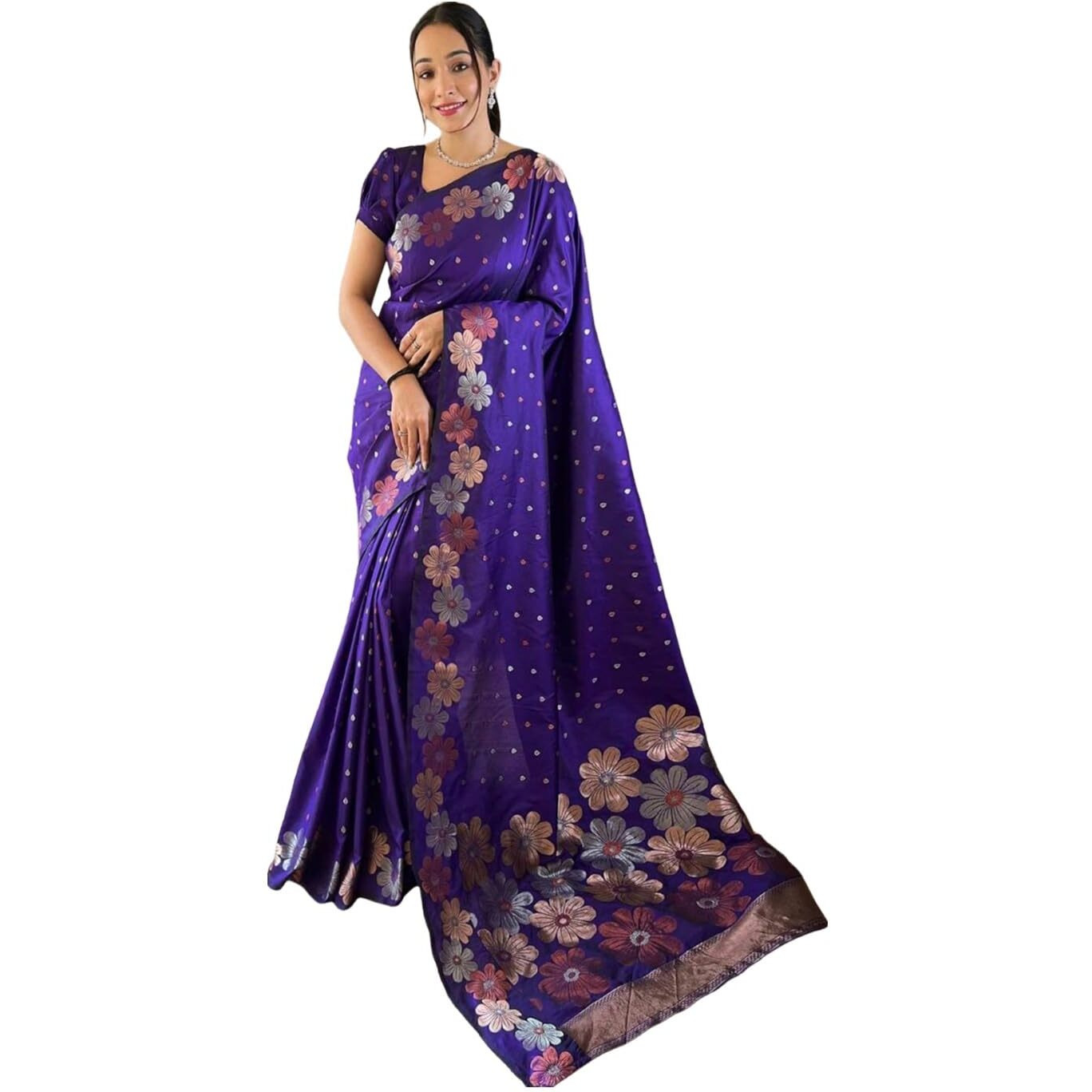 Satrani Women's Silk Banarasi Jacquard Kanjivaram Silk Saree With Unstitched Blouse Piece (3693S144N_Violet)