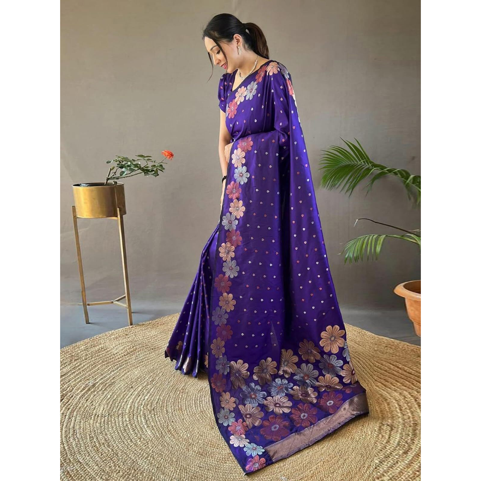 Satrani Women's Silk Banarasi Jacquard Kanjivaram Silk Saree With Unstitched Blouse Piece (3693S144N_Violet)