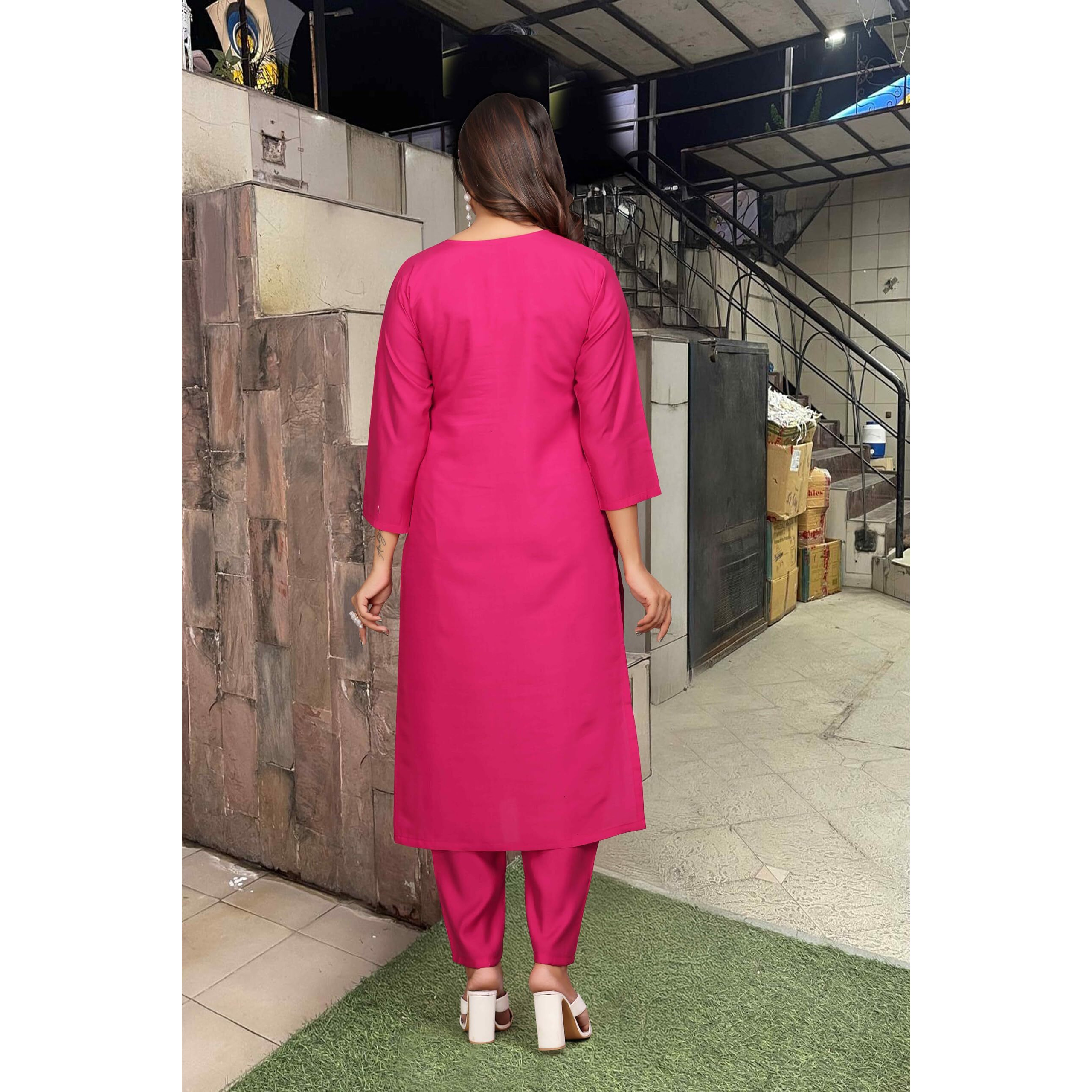 Shiv Textiles Women's Chanderi Silk Embroidered Kurta Pant Dupatta Set(Jda-Zara-Pink-S)