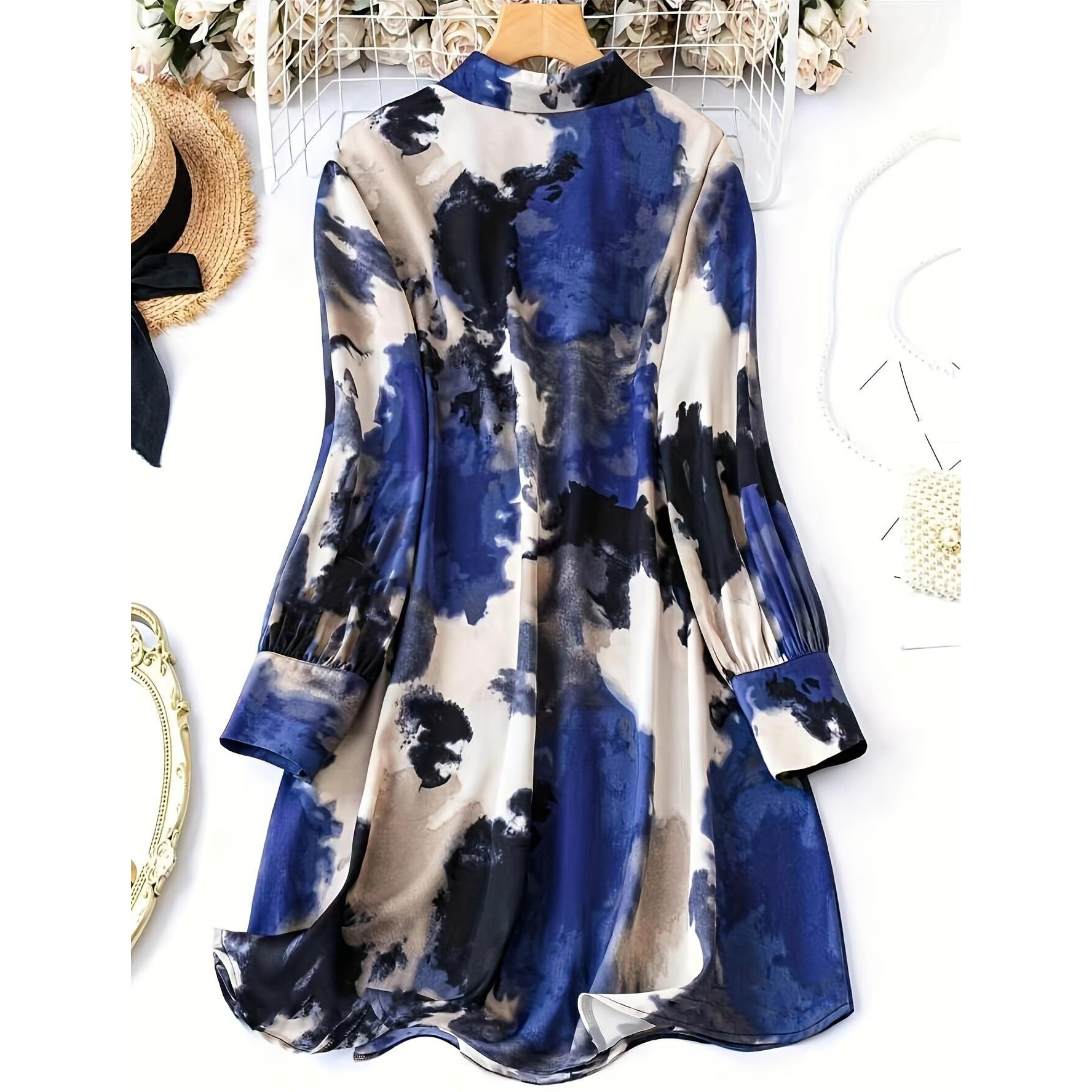 Shasmi Women's & Girl's Blue And Black Tie Dye Print Button Front Shirt Dress, Elegant Long Sleeve Dress For Spring & Fall, Womens Clothing Versatile For All Seasons (Shirt 201 Blue Black-Xl)