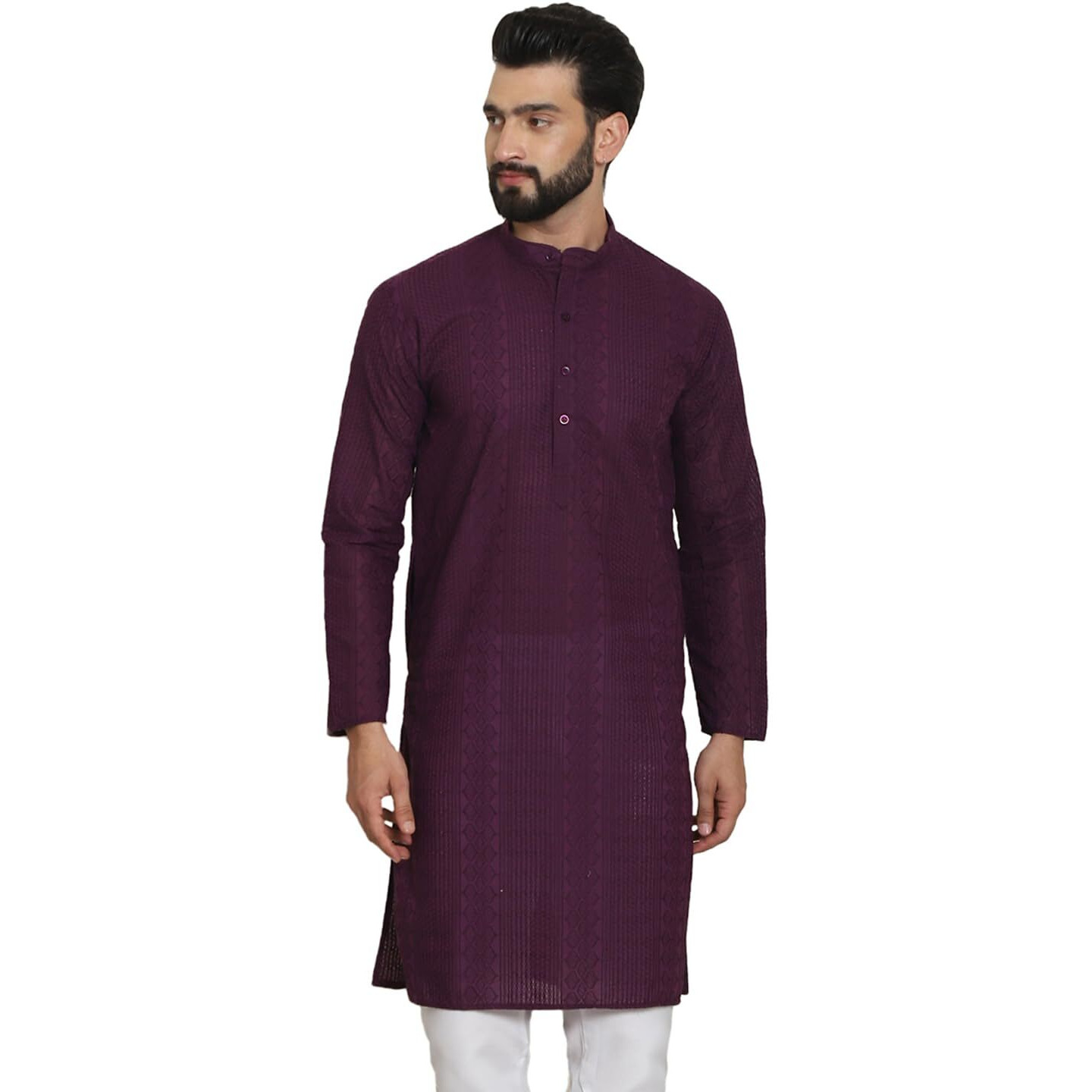 Sojanya (Since 1958 Men's Cotton Thread Embroidered Wine Long Kurta