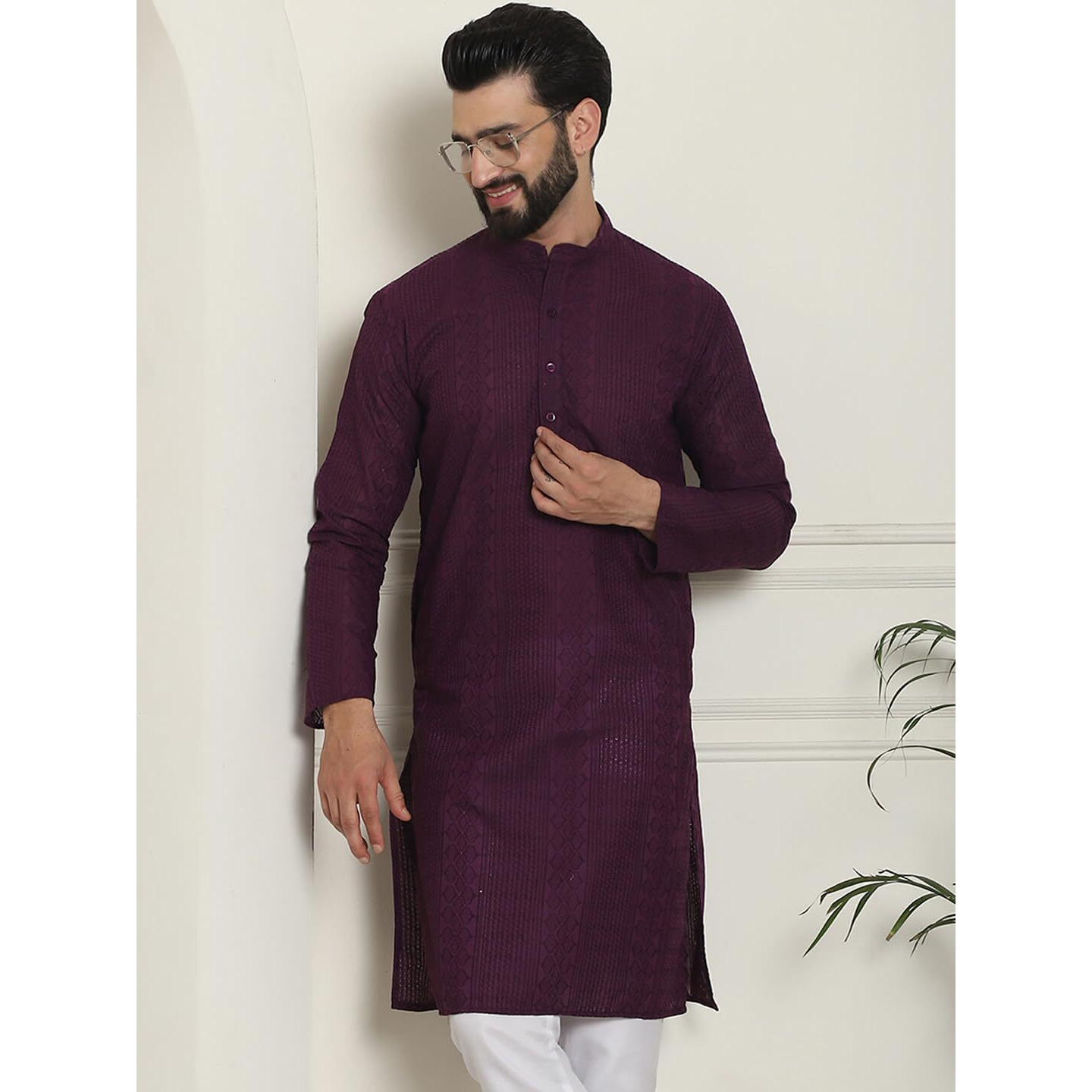 Sojanya (Since 1958 Men's Cotton Thread Embroidered Wine Long Kurta