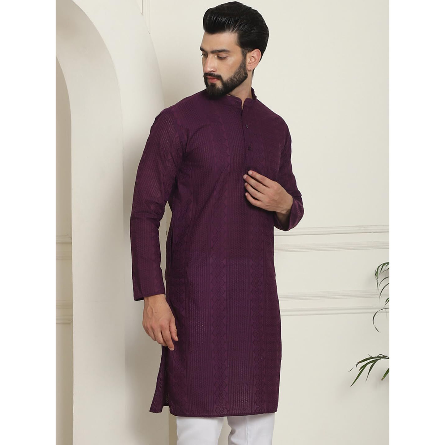 Sojanya (Since 1958 Men's Cotton Thread Embroidered Wine Long Kurta