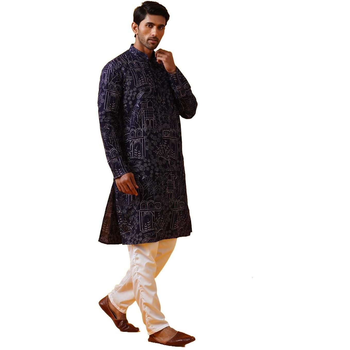 Sojanya (Since 1958 Men's Cotton Silk Kantha Thread Embroidered Violet Kurta With White Pyjama