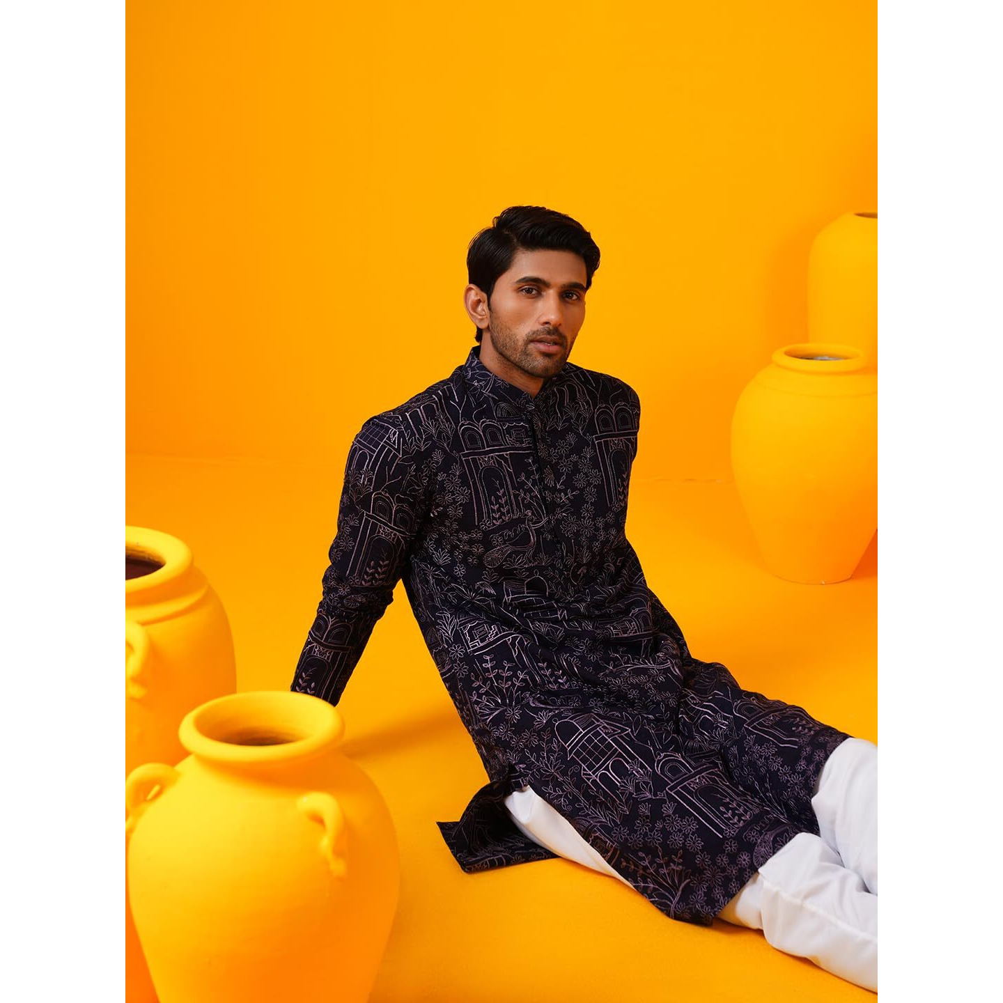 Sojanya (Since 1958 Men's Cotton Silk Kantha Thread Embroidered Violet Kurta With White Pyjama