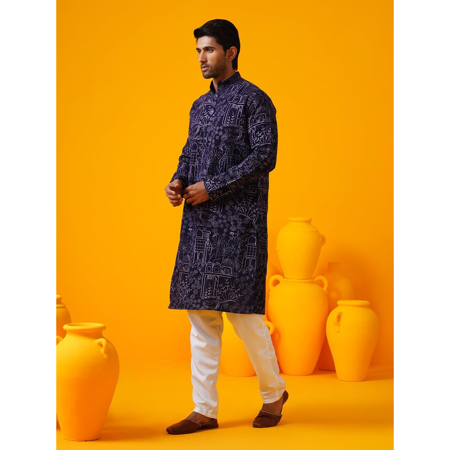 Sojanya (Since 1958 Men's Cotton Silk Kantha Thread Embroidered Violet Kurta With White Pyjama