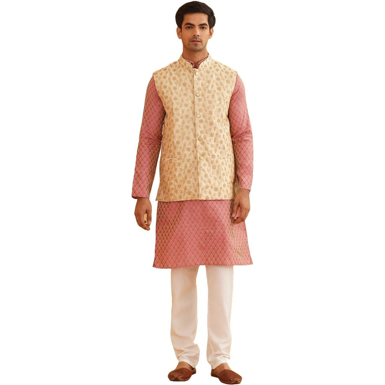 Sojanya (Since 1958 Men's Silk Blend Pink Kurta & Cream Pyjama With Beige Embroidered Nehrujacket