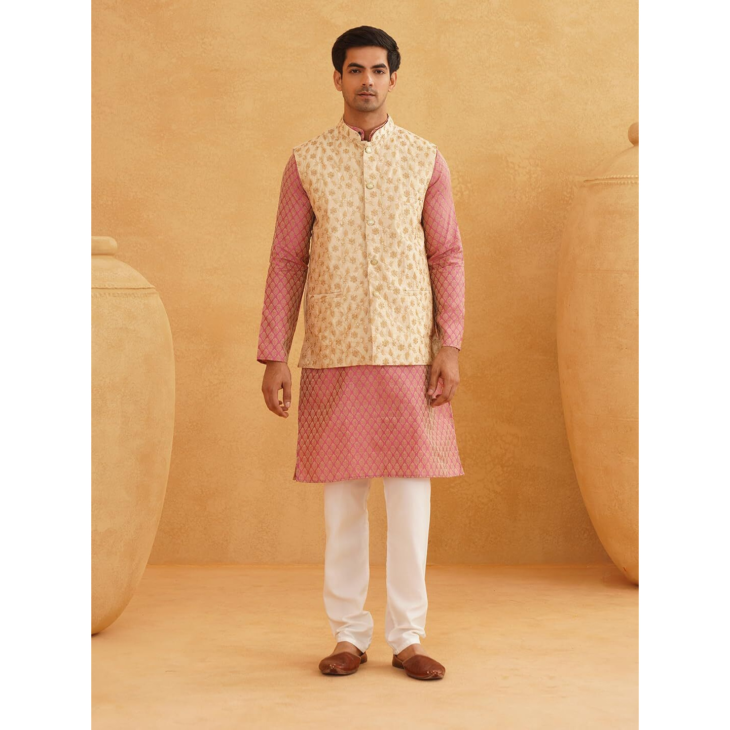 Sojanya (Since 1958 Men's Silk Blend Pink Kurta & Cream Pyjama With Beige Embroidered Nehrujacket
