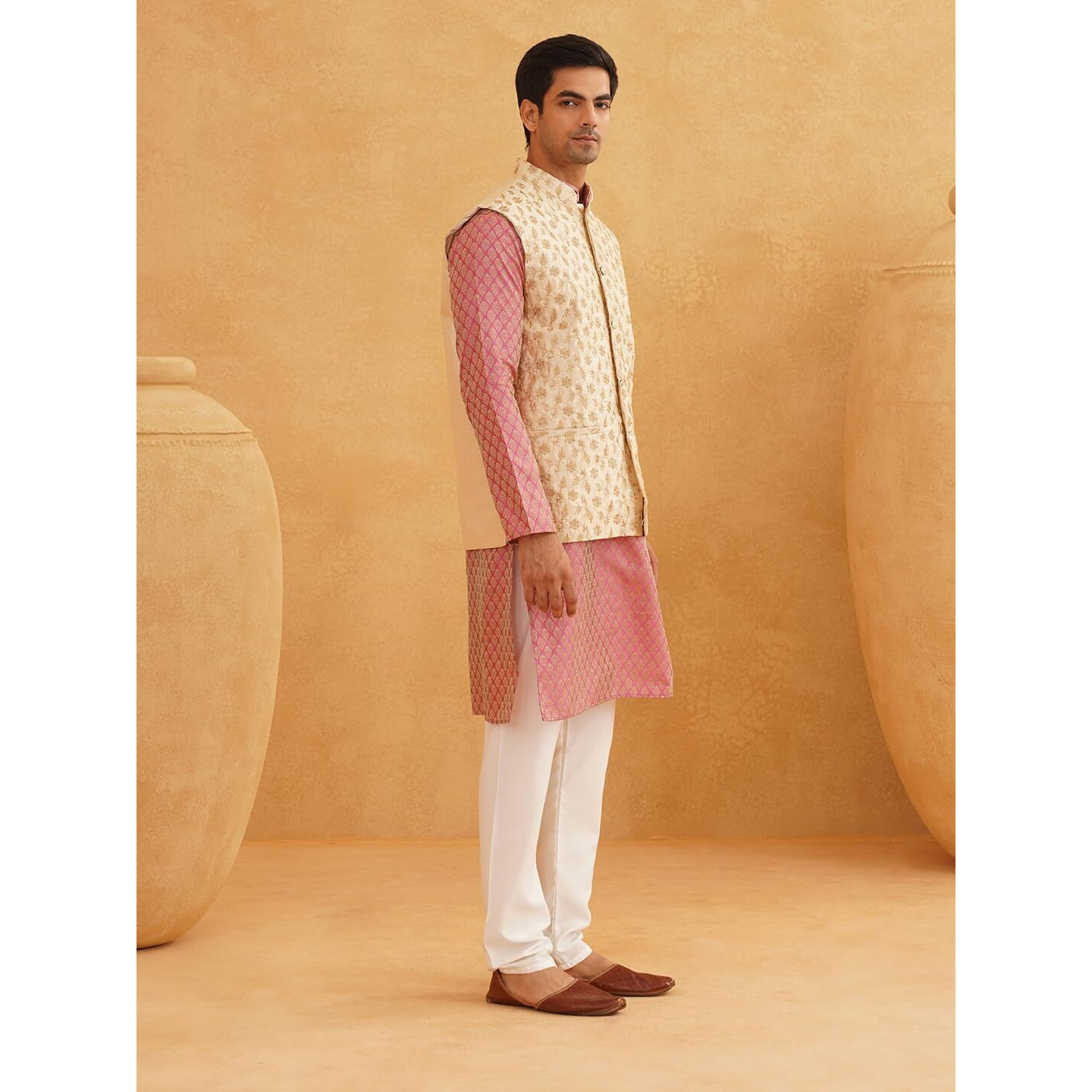 Sojanya (Since 1958 Men's Silk Blend Pink Kurta & Cream Pyjama With Beige Embroidered Nehrujacket