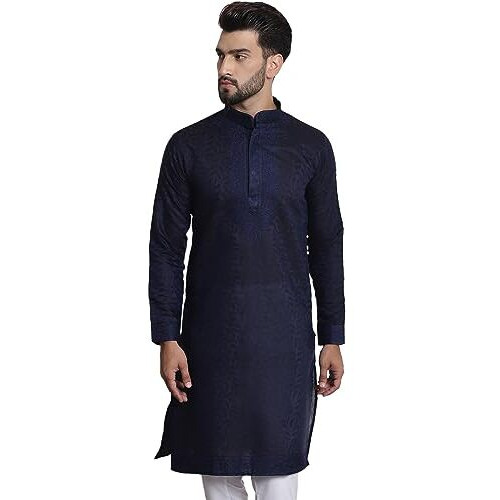 Sojanya (Since 1958 Men's Pure Silk Navy Blue Kurta With Heavy Embroidery On Neck & Sleeves