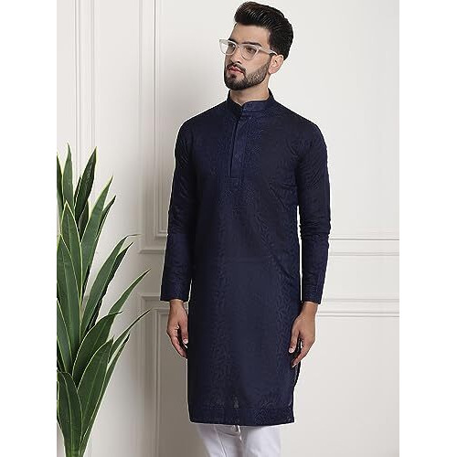 Sojanya (Since 1958 Men's Pure Silk Navy Blue Kurta With Heavy Embroidery On Neck & Sleeves