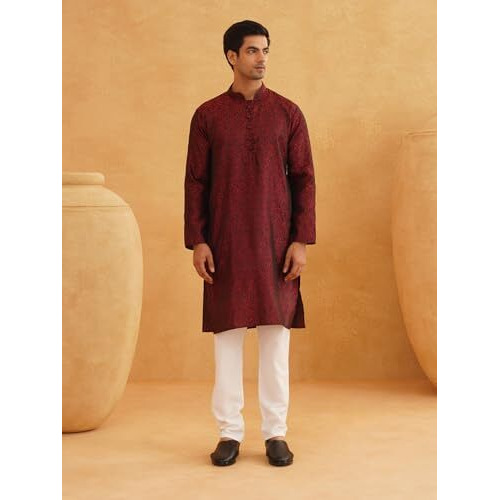 Sojanya (Since 1958 Men's Silk Blend Self Design Maroon Kurta And Churidar Pyjama Set