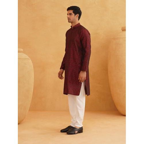 Sojanya (Since 1958 Men's Silk Blend Self Design Maroon Kurta And Churidar Pyjama Set