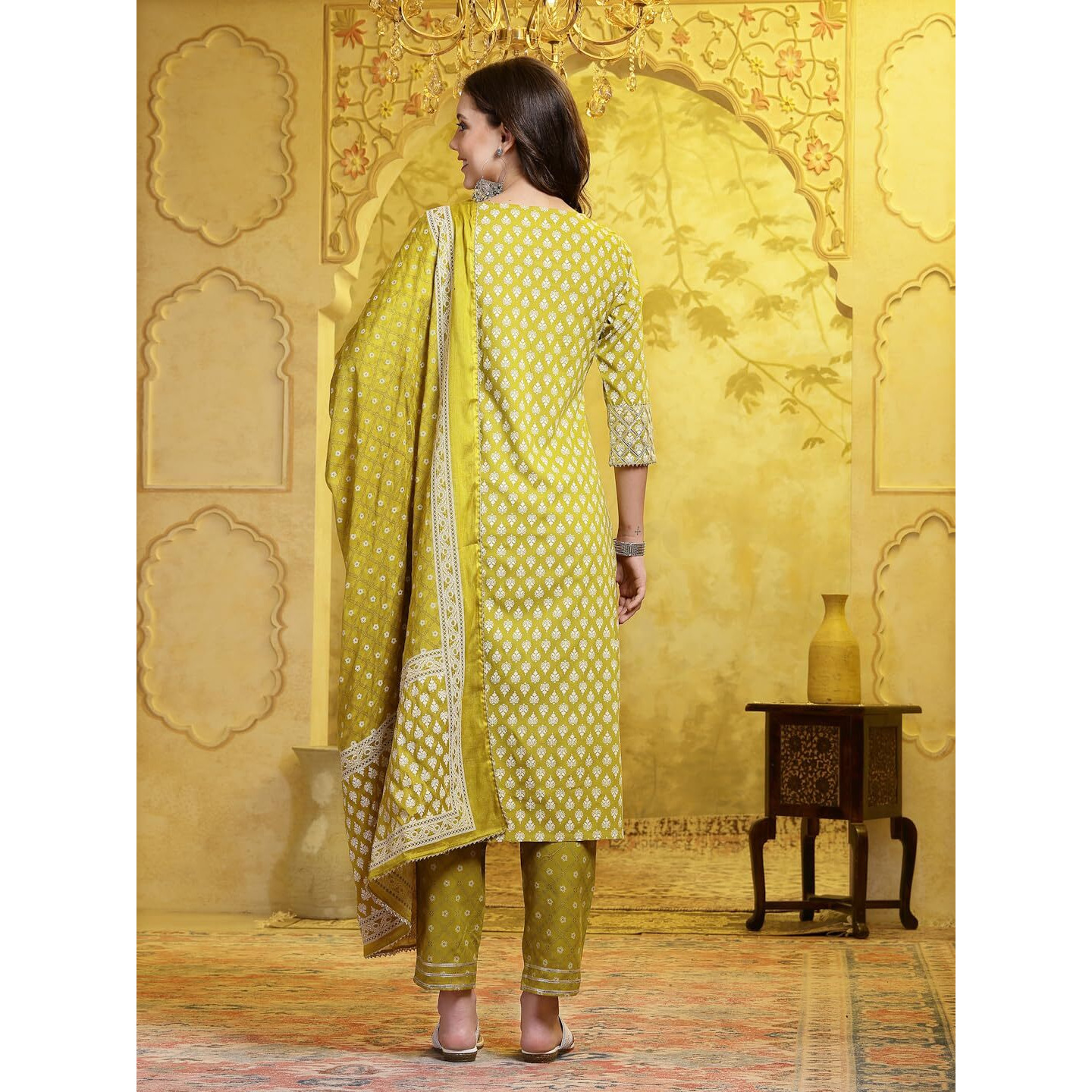 Stylum Women's Printed & Embellished Cotton Straight Kurta Pant Dupatta Set (Kpdcorndrive42_Corn, Xl)