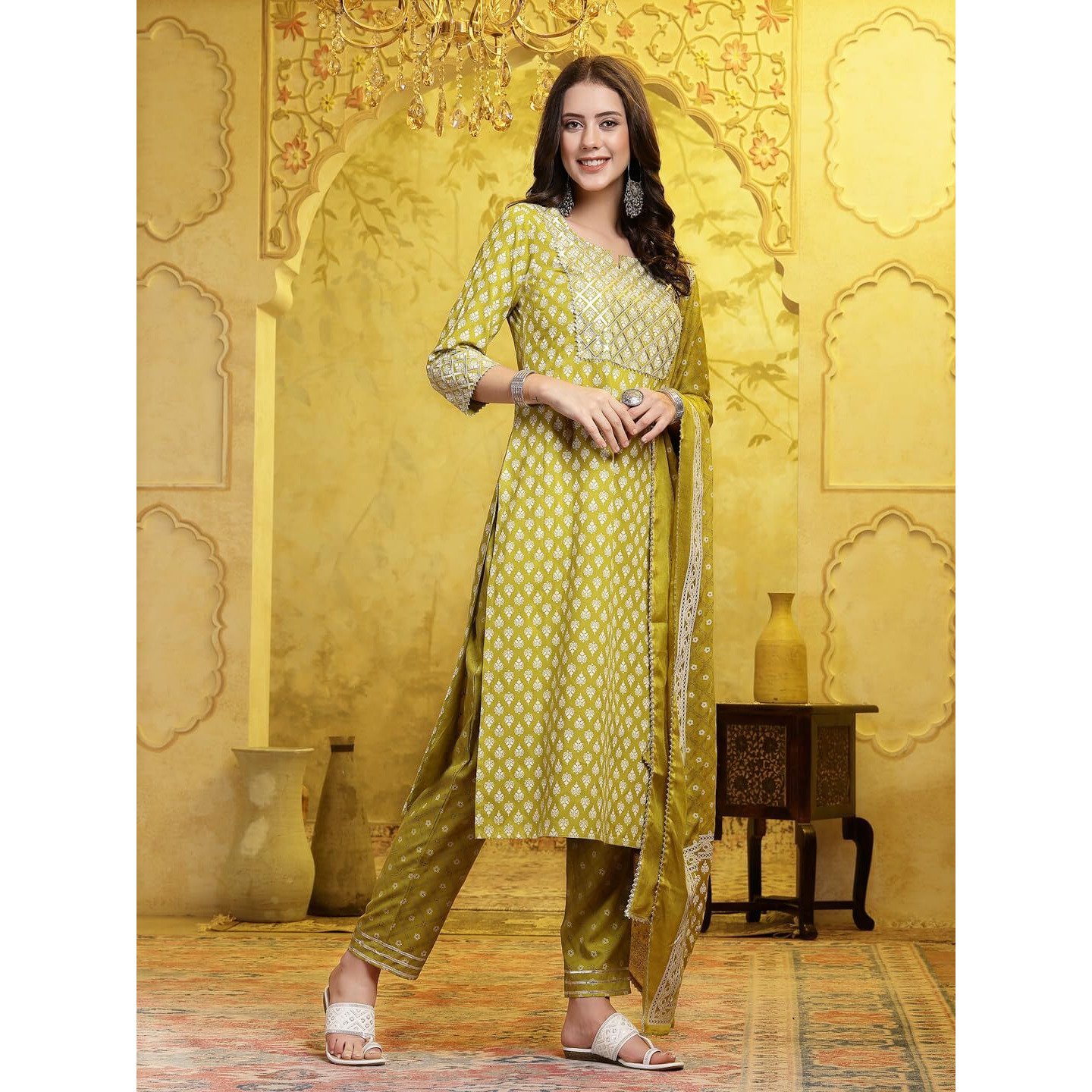 Stylum Women's Printed & Embellished Cotton Straight Kurta Pant Dupatta Set (Kpdcorndrive42_Corn, Xl)