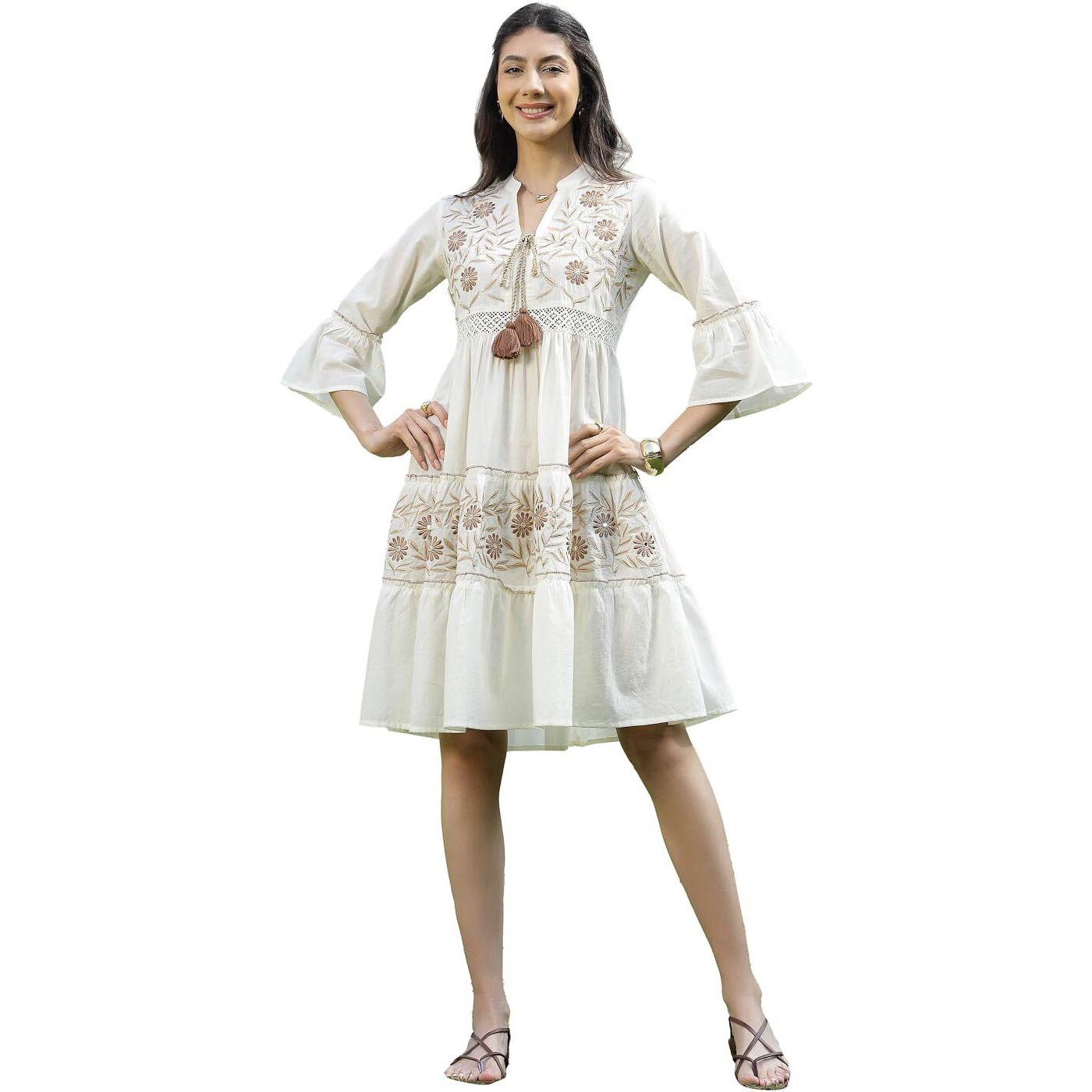 Stylum Women's Solid & Embroidered Cotton Tiered Dress (Drswhiteshiba40_White, L)