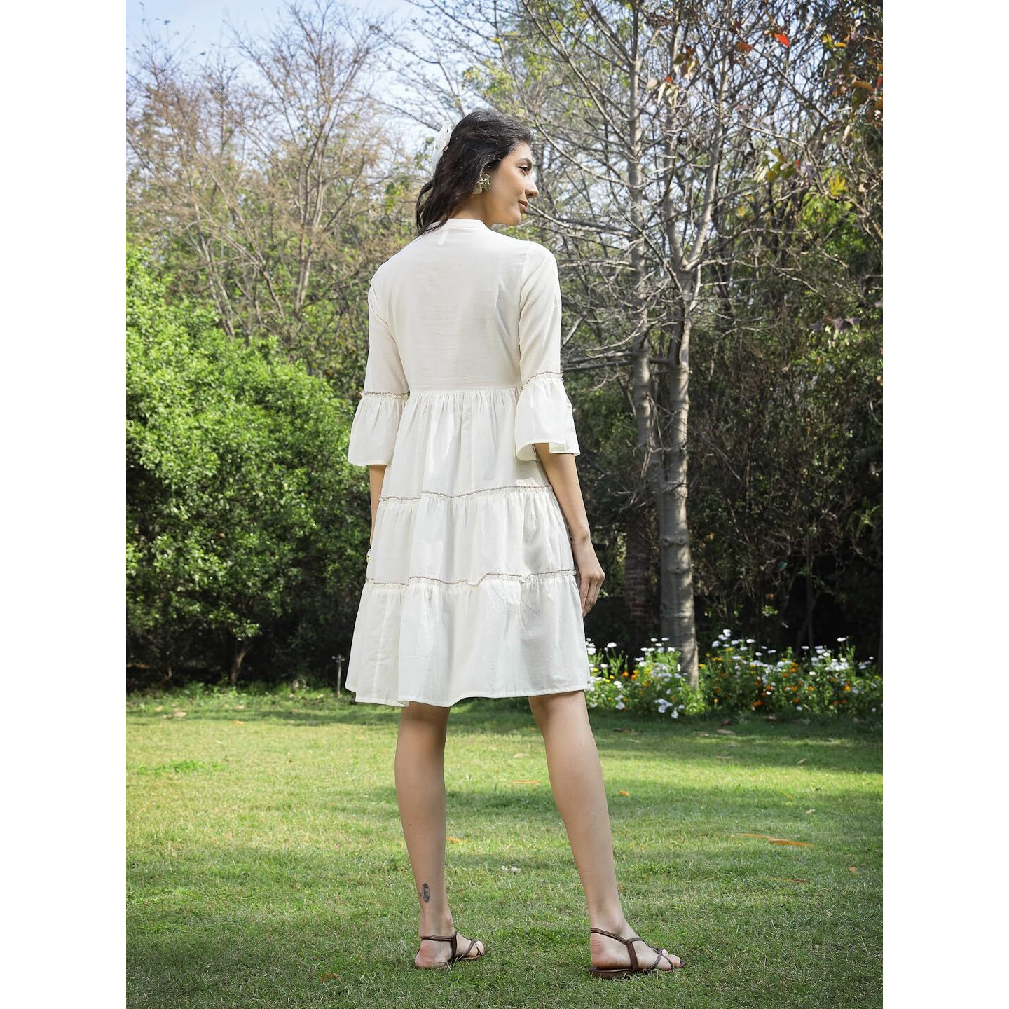 Stylum Women's Solid & Embroidered Cotton Tiered Dress (Drswhiteshiba40_White, L)
