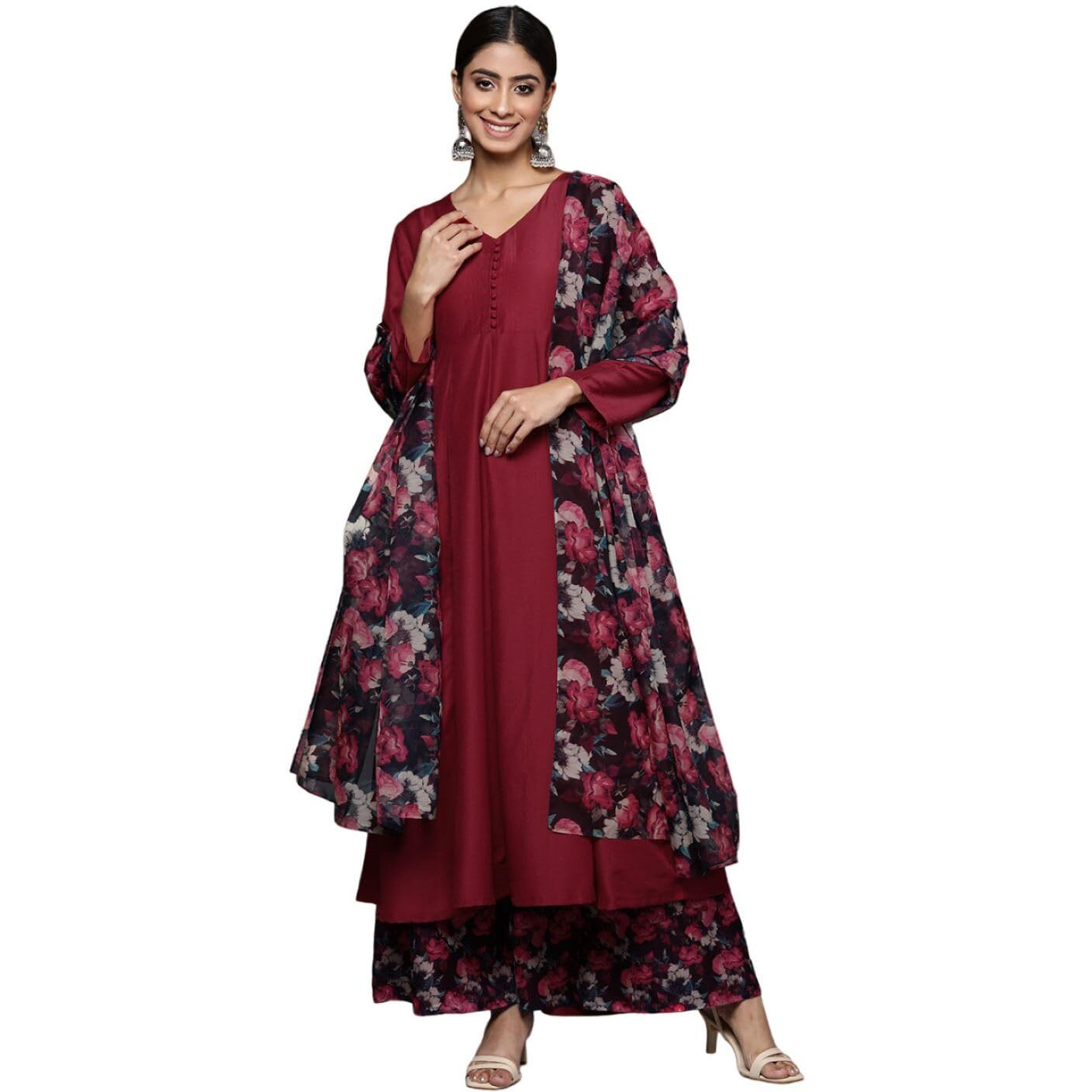 Varanga Women Maroon Anarkali Kurta Paired With Contrast Bottom And Dupatta