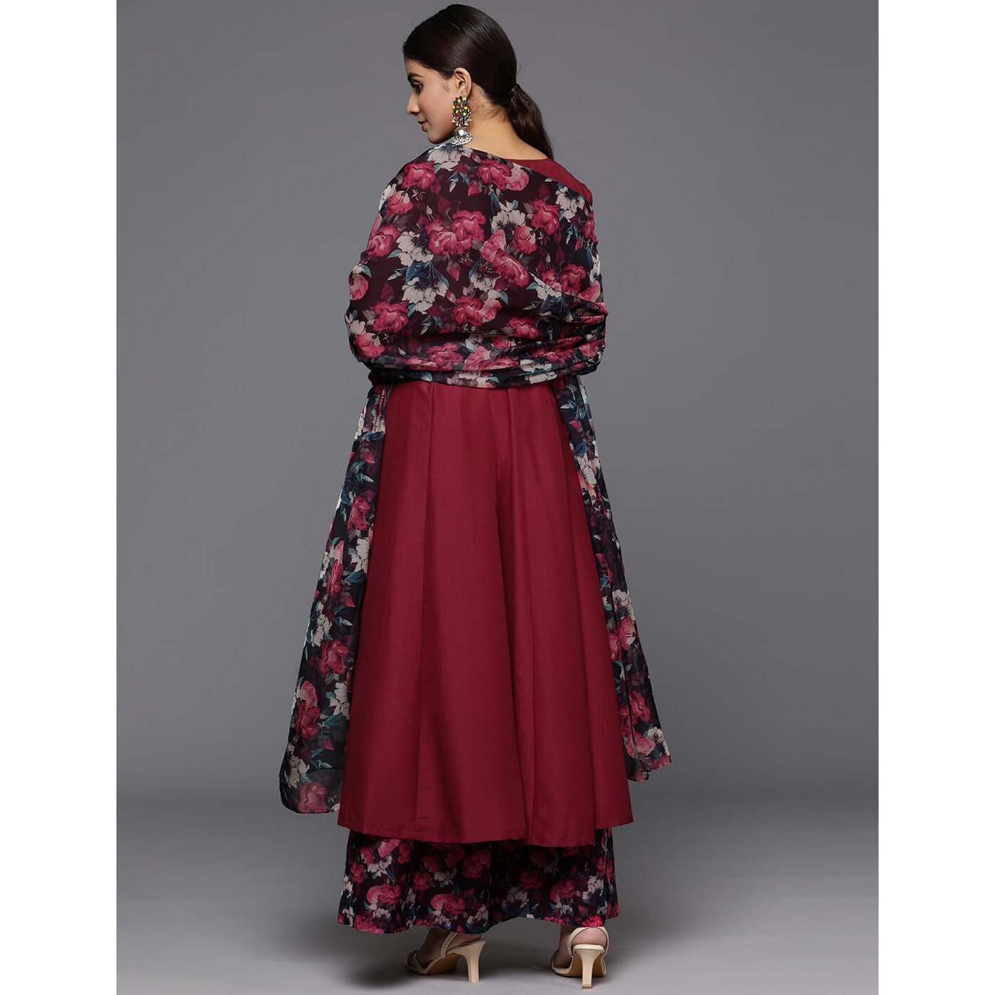 Varanga Women Maroon Anarkali Kurta Paired With Contrast Bottom And Dupatta