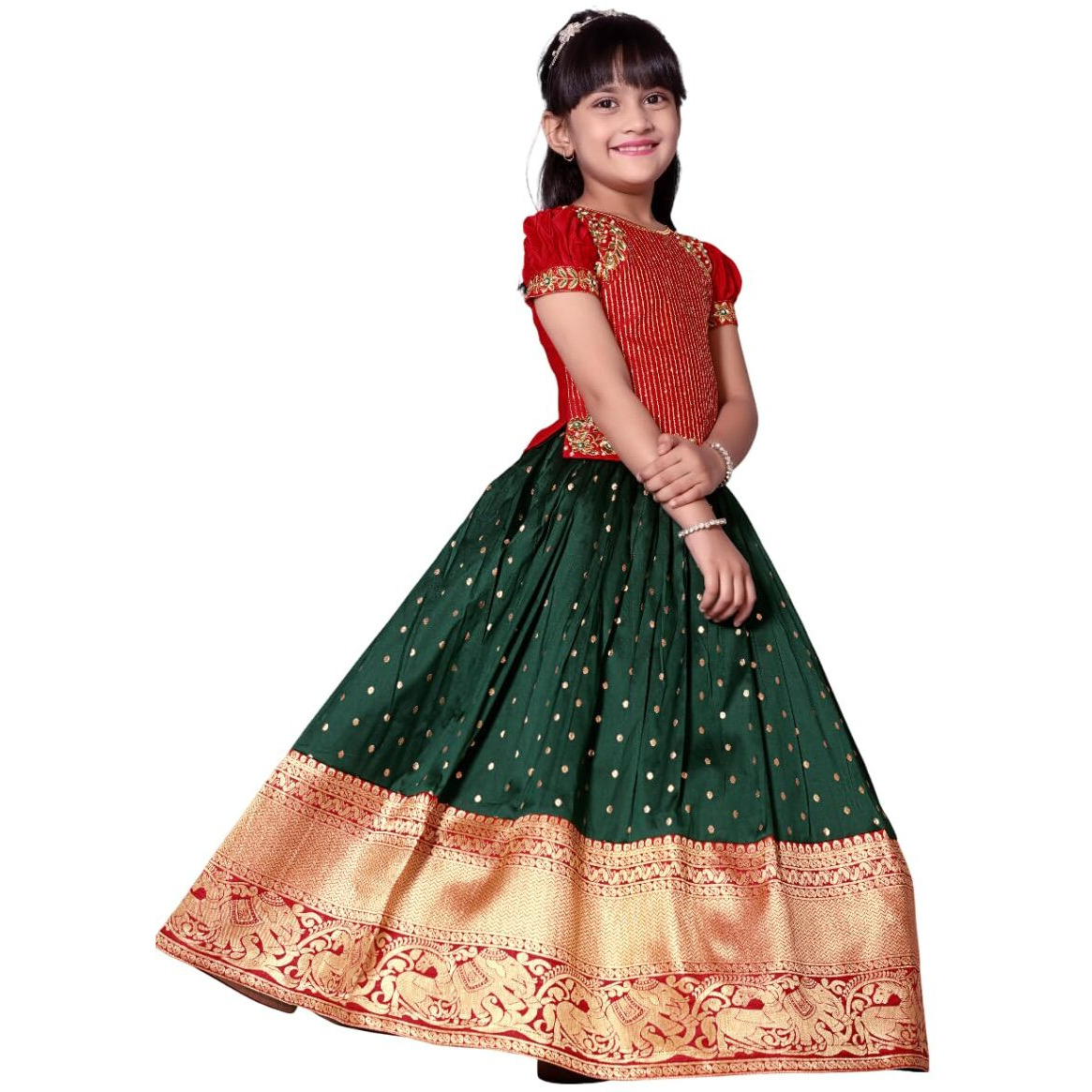 White Button Girl's Pattu Pavadai Readymade Lehenga Choli For Girls Dress
