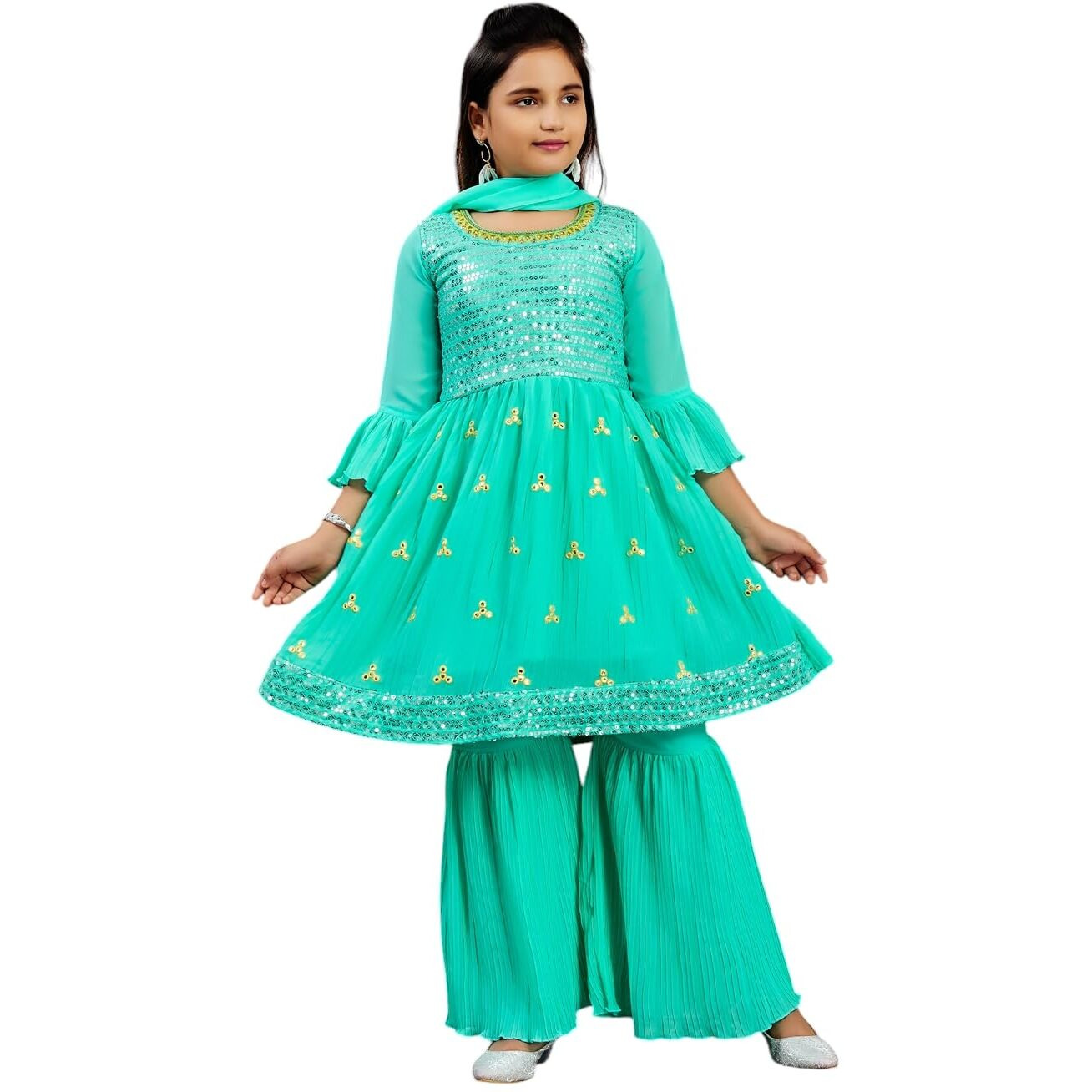 Aarika Girls Ethnic Wear Sea Green Colour Sequins Embroidery Georgette Kurti Sharara Set-(10-15 Years)-(Sh-38237-C-Green-40)