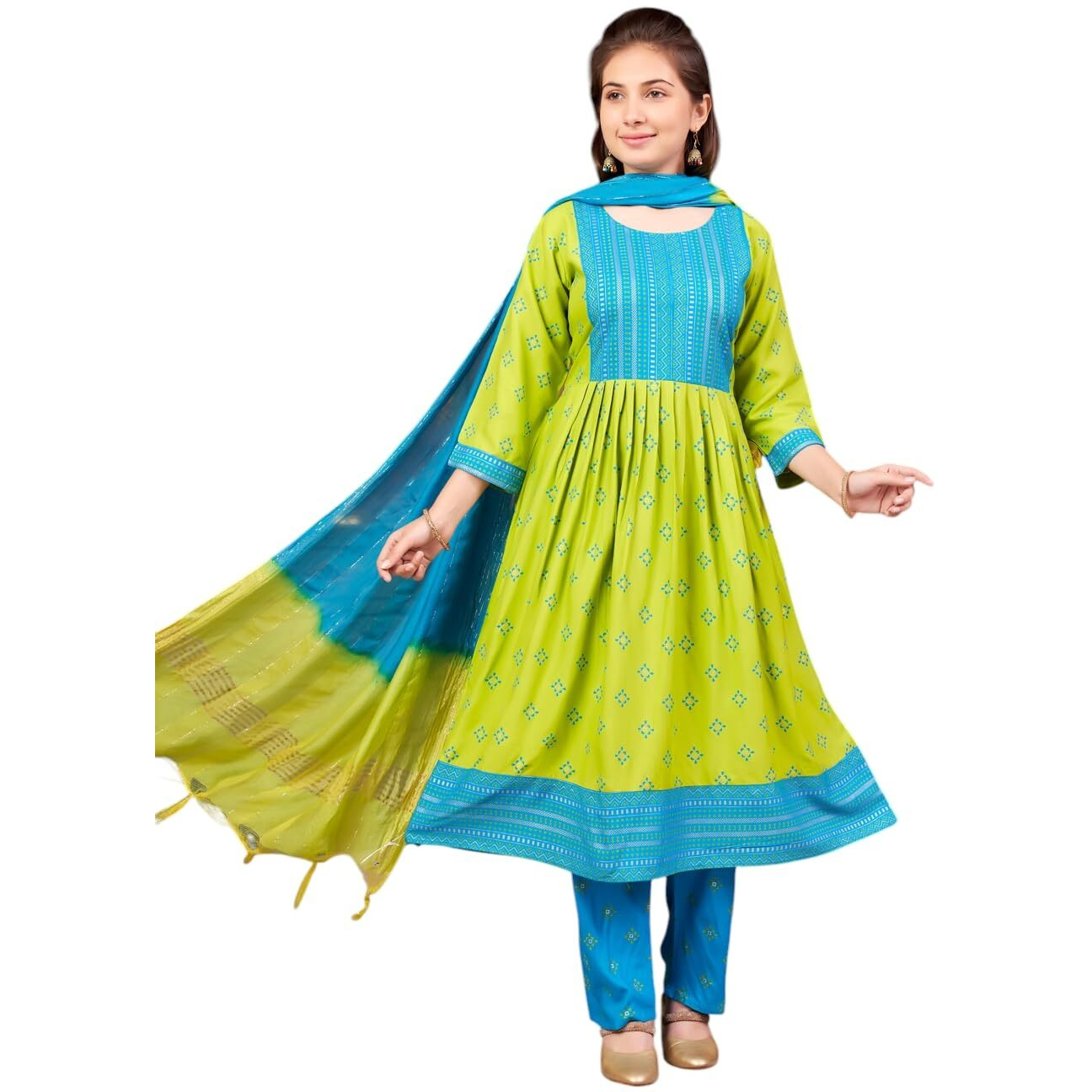Aarika Girls Ethnic Wear Green-Firozi Colour Foil Print Rayon Kurti-8-15 Years (Kurti-Ap-801)