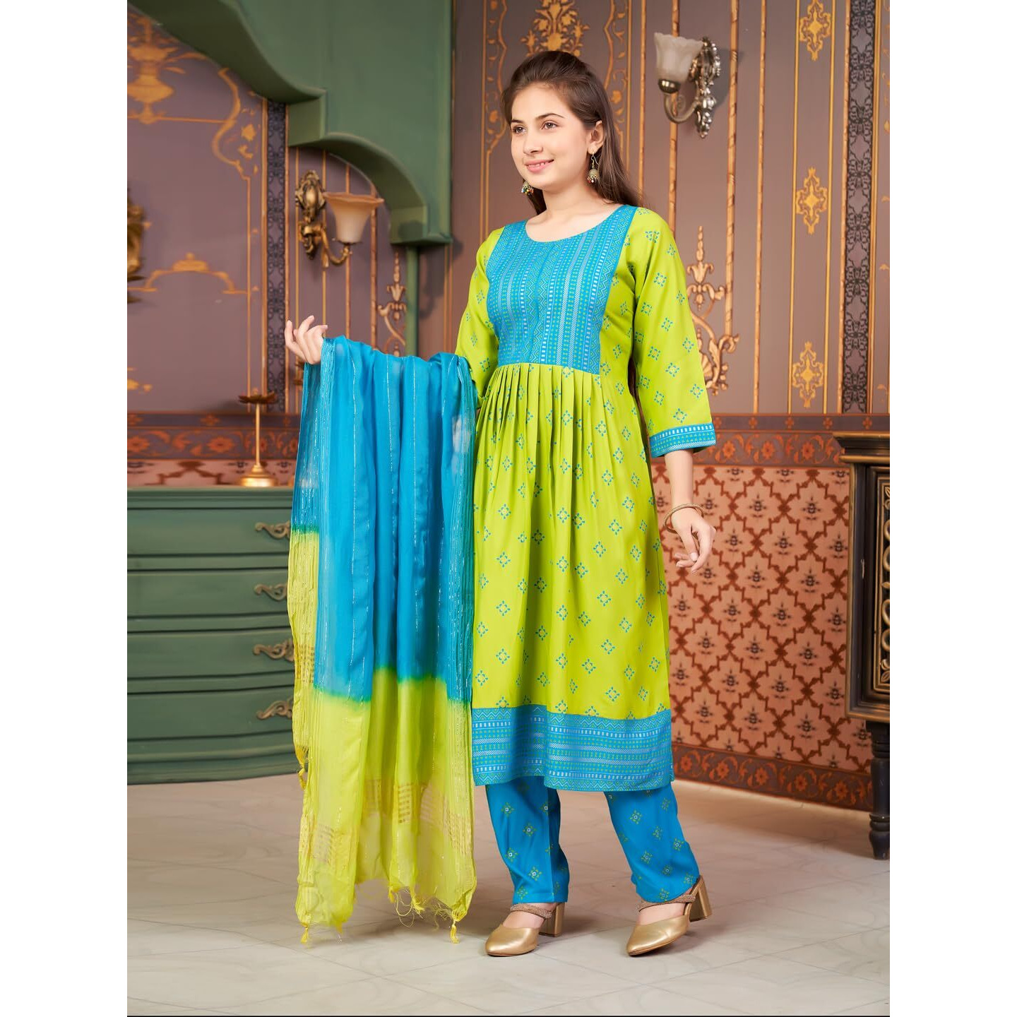 Aarika Girls Ethnic Wear Green-Firozi Colour Foil Print Rayon Kurti-8-15 Years (Kurti-Ap-801)