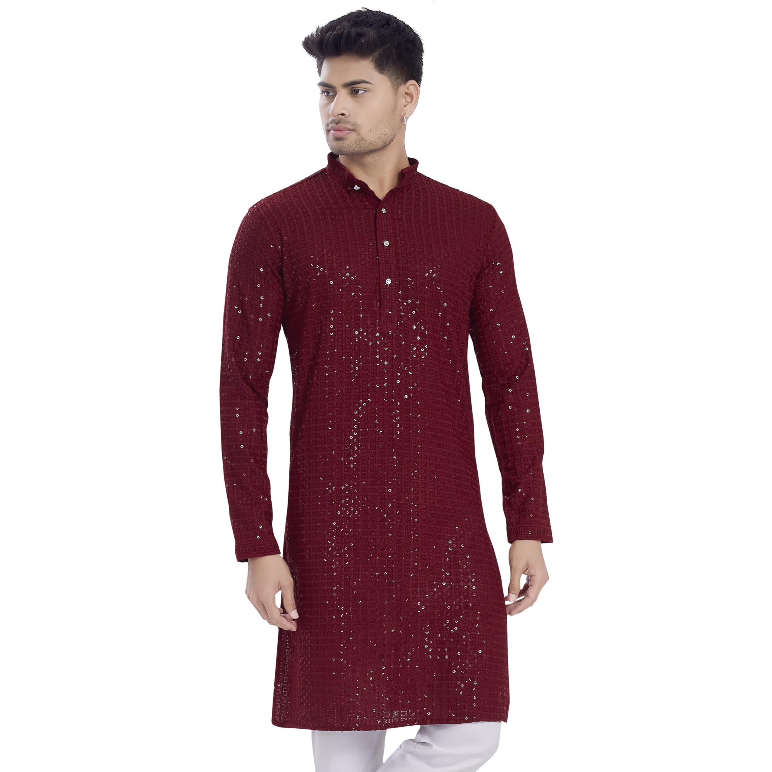 Divisive Men's Sequince Embroidered Cotton Blend Only Slim Fit Kurta (Dkrt1142_L_Maroon)