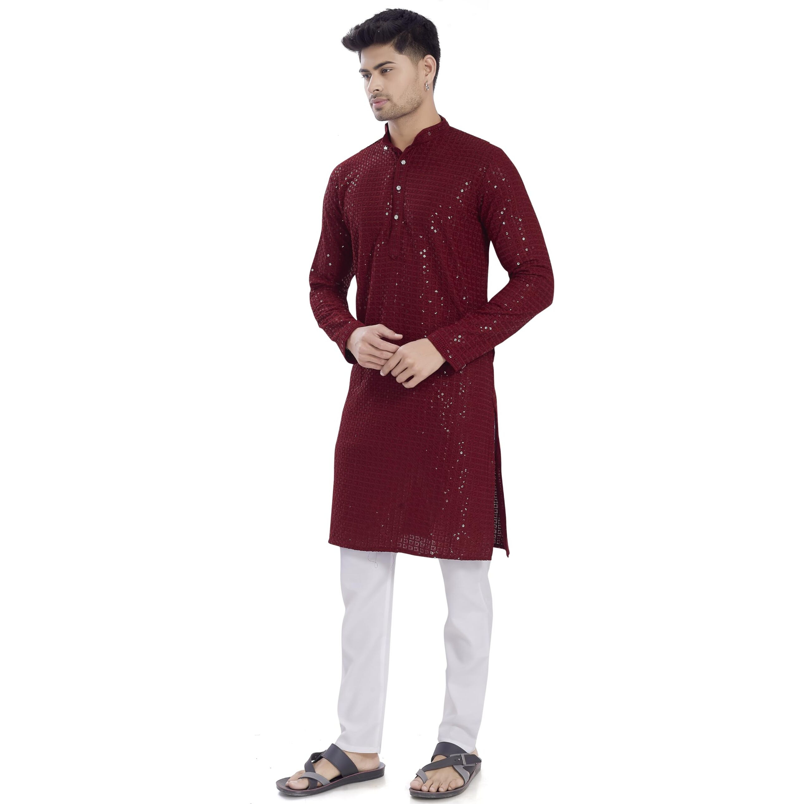 Divisive Men's Sequince Embroidered Cotton Blend Only Slim Fit Kurta (Dkrt1142_L_Maroon)