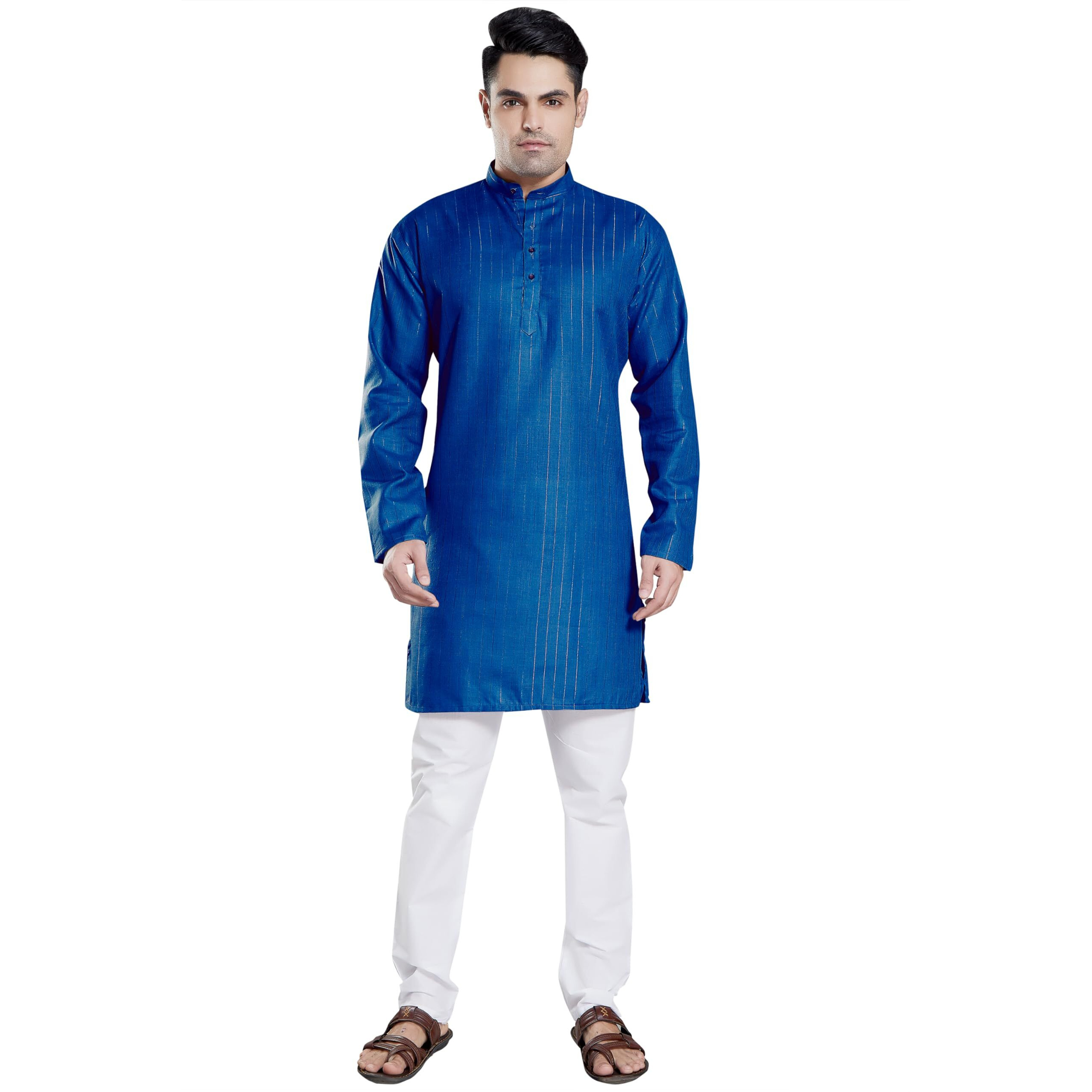 Divisive Men's Self Zari Line Cotton Blend Slim Fit Kurta Pyjama Set (Dkrt87_L_Aqua Blue)