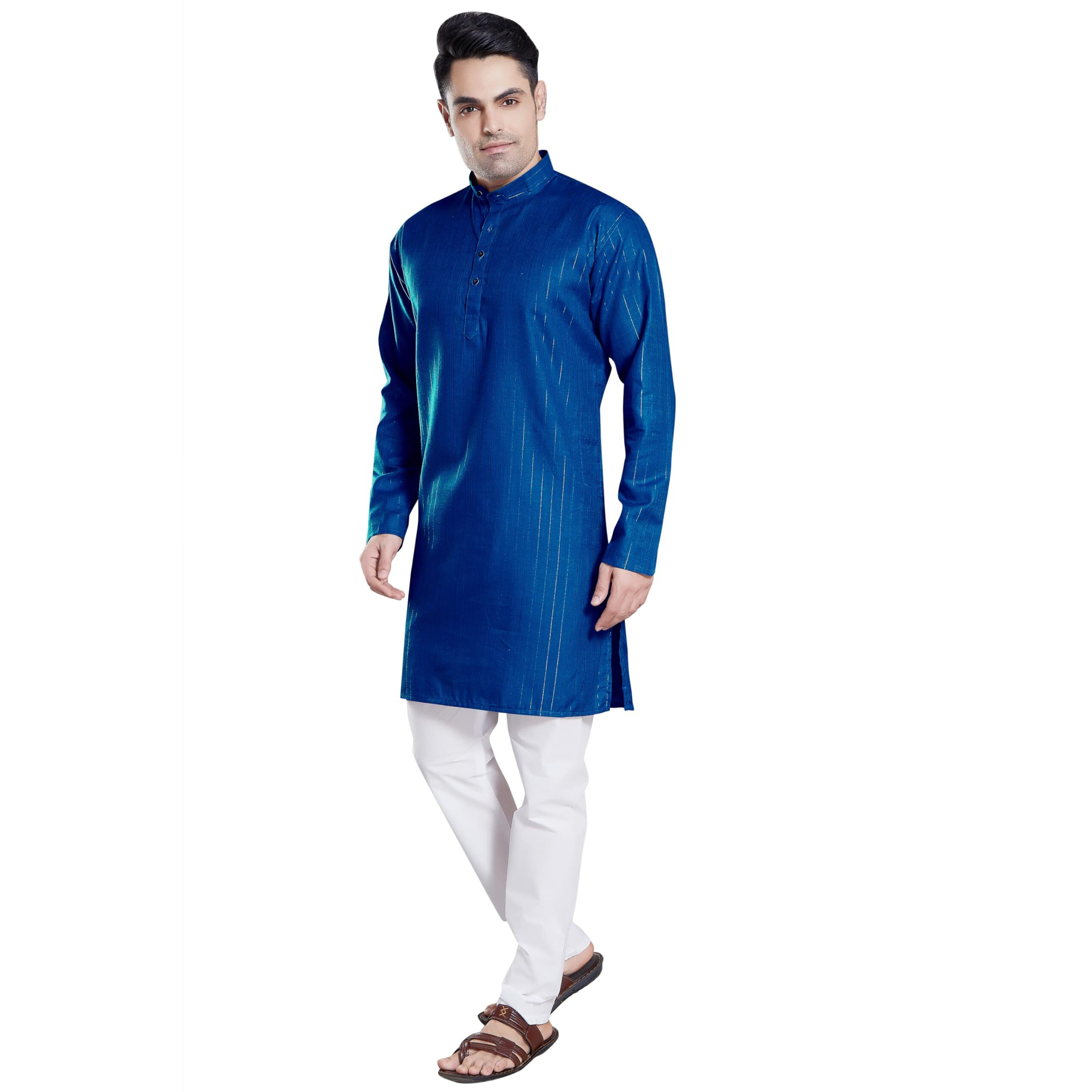 Divisive Men's Self Zari Line Cotton Blend Slim Fit Kurta Pyjama Set (Dkrt87_L_Aqua Blue)