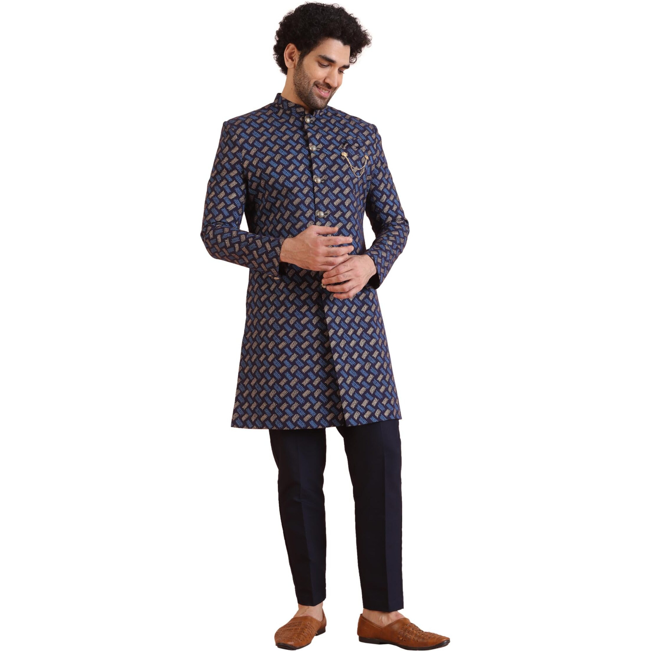 Kisah Men's Cotton Blend Full Sleeves Regular Fit Printed Blue Indo-Western Sherwani Trouser Set (Xs)