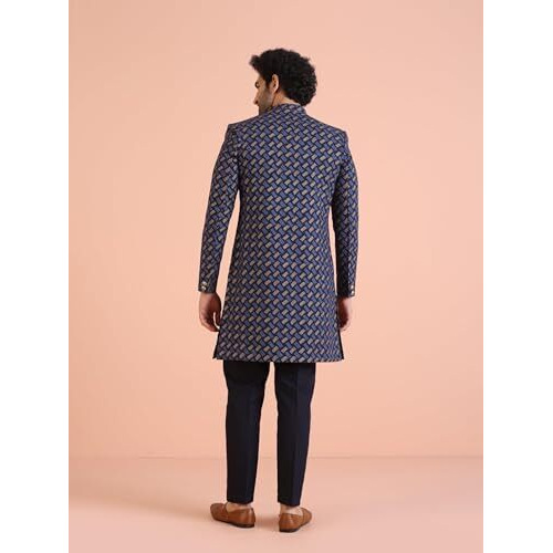 Kisah Men's Cotton Blend Full Sleeves Regular Fit Printed Blue Indo-Western Sherwani Trouser Set (Xs)