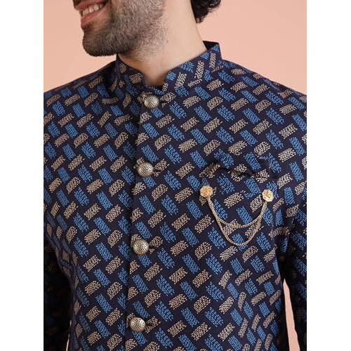 Kisah Men's Cotton Blend Full Sleeves Regular Fit Printed Blue Indo-Western Sherwani Trouser Set (Xs)