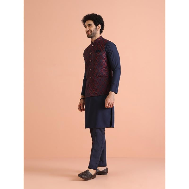 Kisah Mens Nehru Jacket|Silk Blend Waistcoat For Men Jacquard Pattern Mens Ethnic Wear|Regular Fit Mandarin Collar Sleeveless, Navy Blue, 38