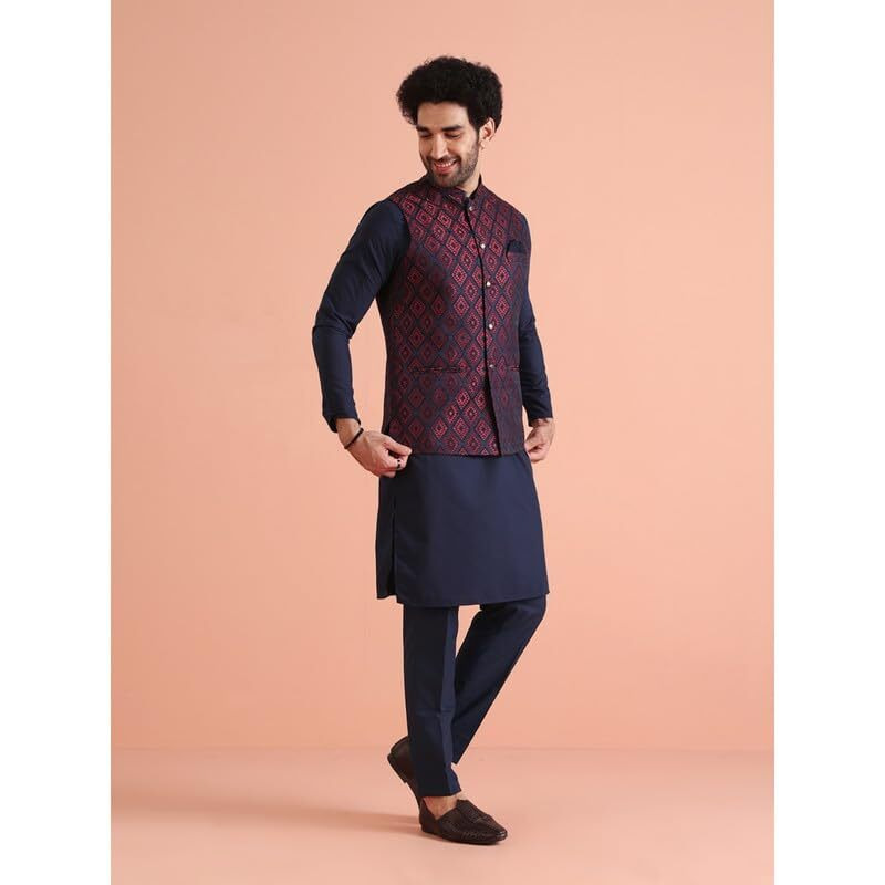 Kisah Mens Nehru Jacket|Silk Blend Waistcoat For Men Jacquard Pattern Mens Ethnic Wear|Regular Fit Mandarin Collar Sleeveless, Navy Blue, 38