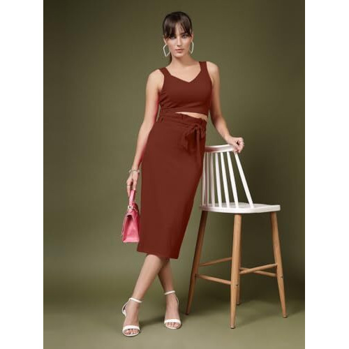Oomph Stretchable Lycra Coord Top And Skirt Set For Women, Brown - Coord_Mt960Msk245