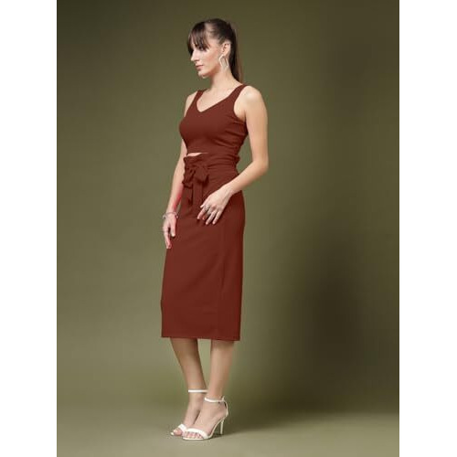 Oomph Stretchable Lycra Coord Top And Skirt Set For Women, Brown - Coord_Mt960Msk245