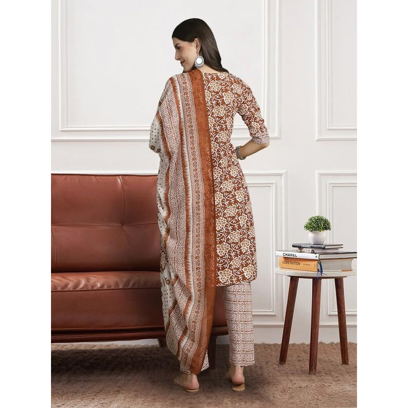 Pinkmint Fancy Kurta Set For Women Cotton Printed Straight Knee Length Formal Suit Set (Pack Of 1) Dark Coffee