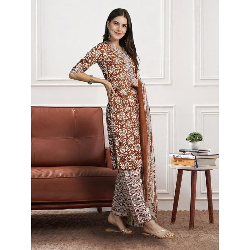 Pinkmint Fancy Kurta Set For Women Cotton Printed Straight Knee Length Formal Suit Set (Pack Of 1) Dark Coffee
