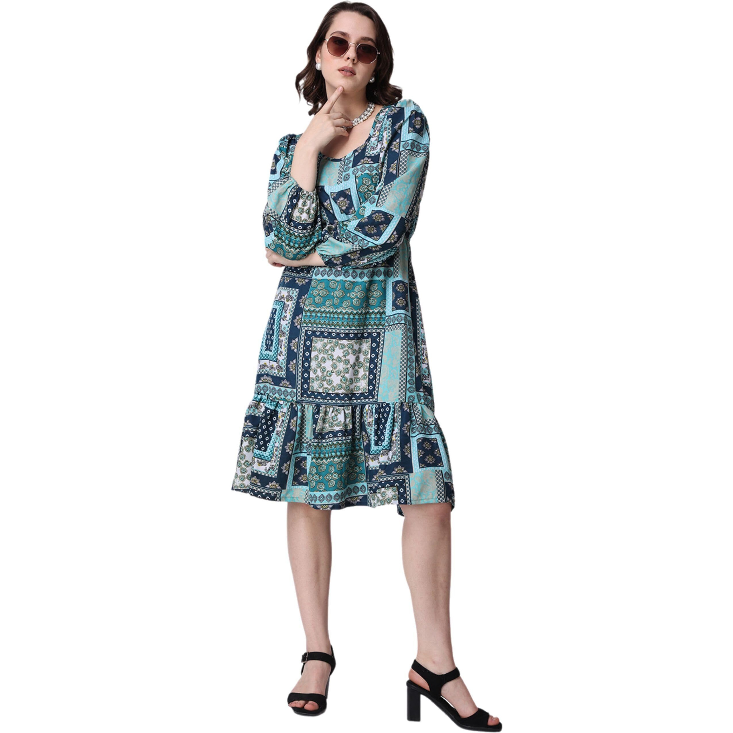Popwings Women Casual Boho Printed Green Peplum Dress