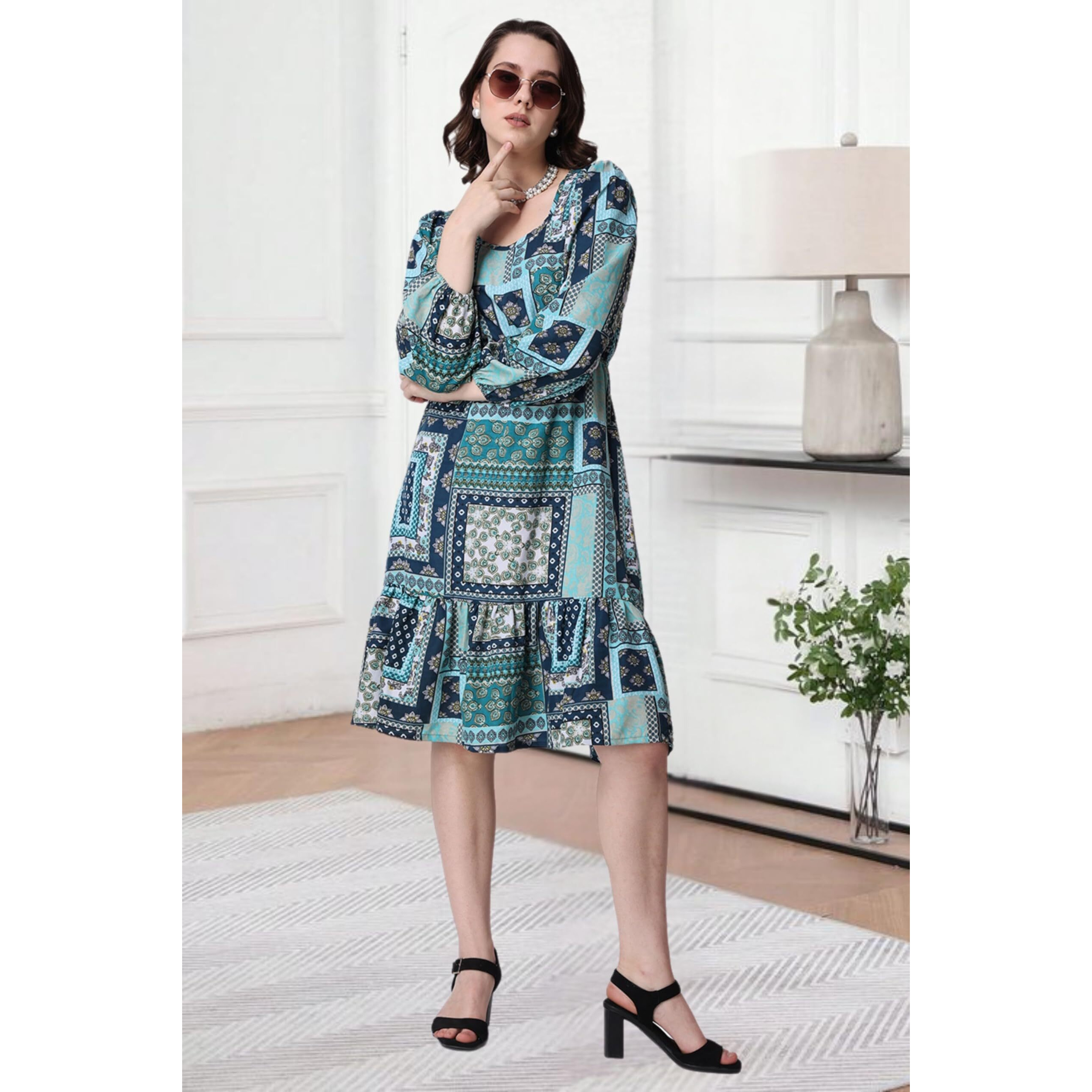 Popwings Women Casual Boho Printed Green Peplum Dress