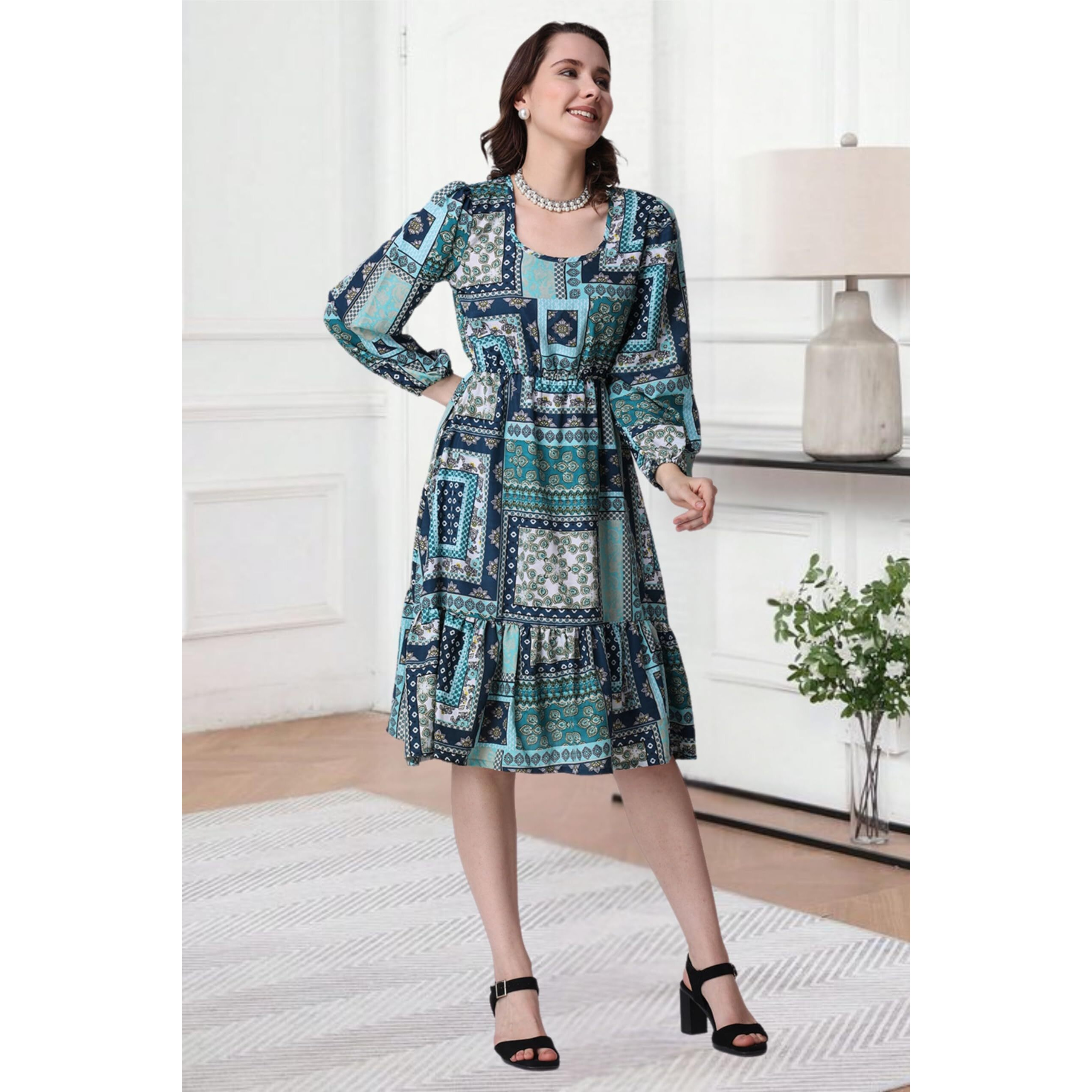 Popwings Women Casual Boho Printed Green Peplum Dress