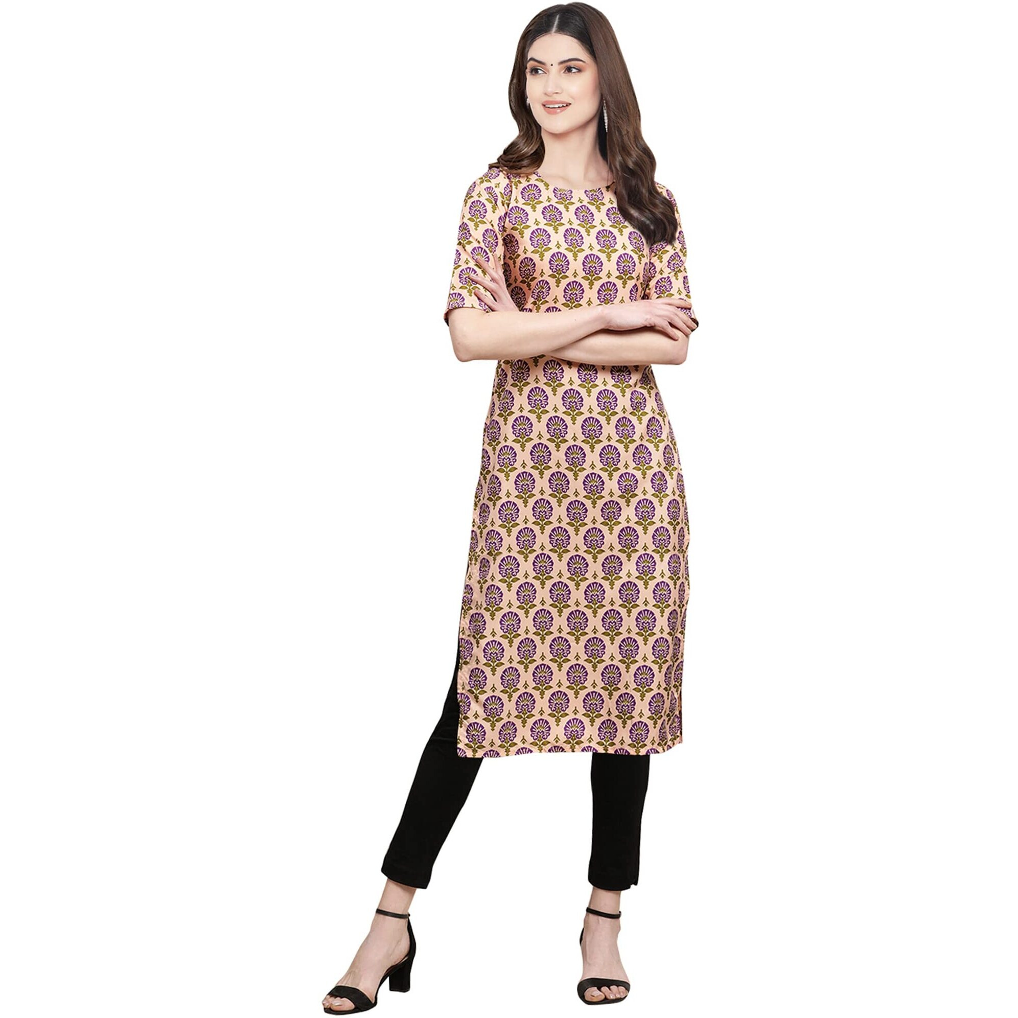 Pinkmint Women's Crepe Beige Color Floral Printed Straight Kurti (530332-M)