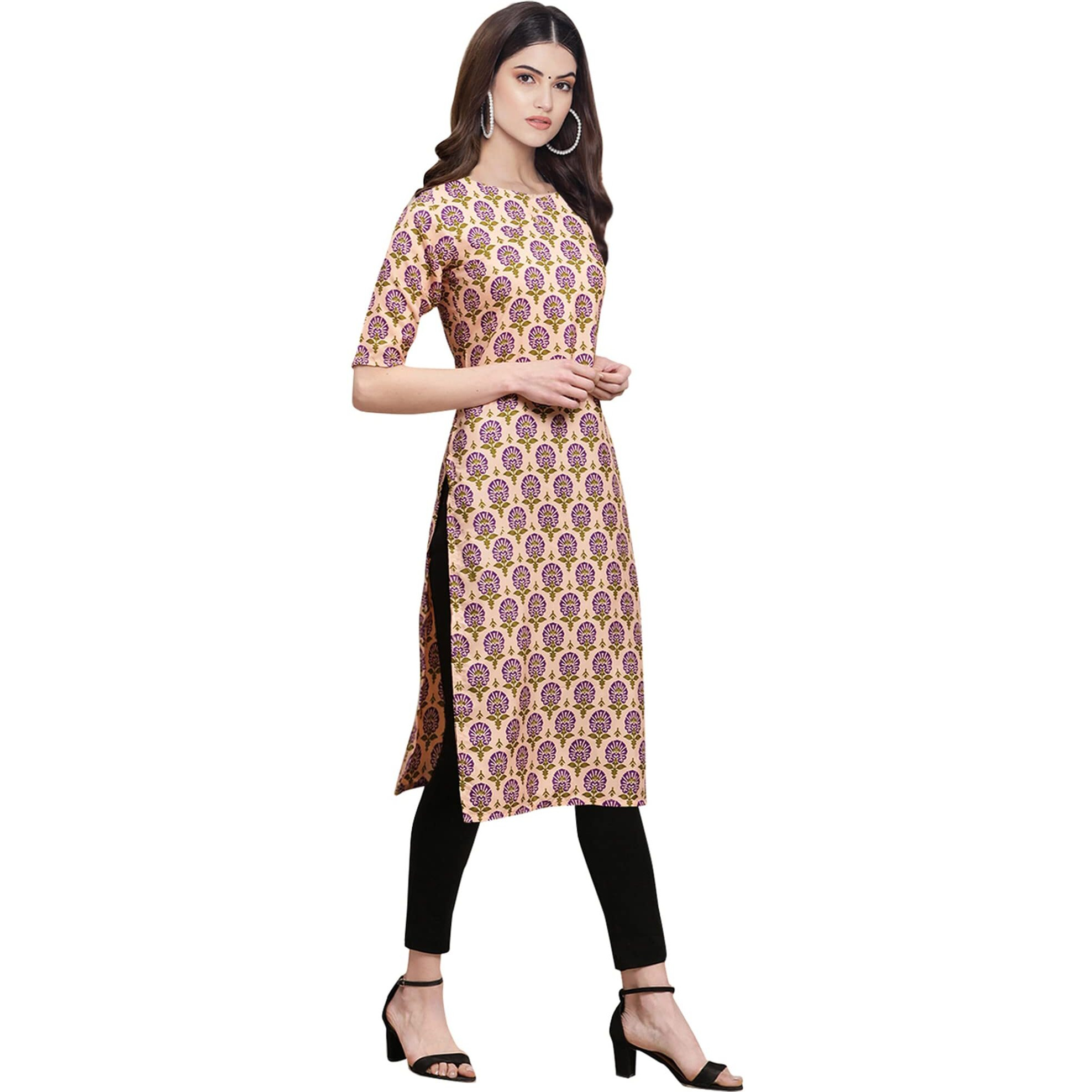 Pinkmint Women's Crepe Beige Color Floral Printed Straight Kurti (530332-M)