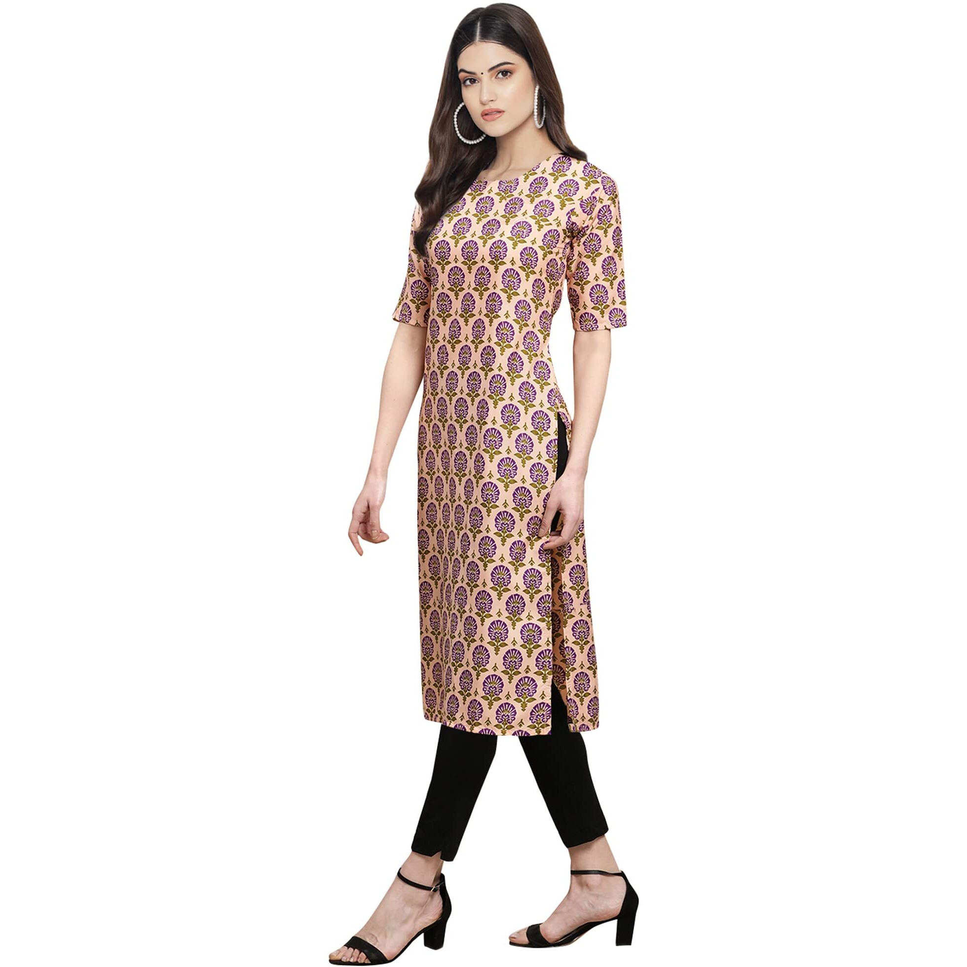 Pinkmint Women's Crepe Beige Color Floral Printed Straight Kurti (530332-M)